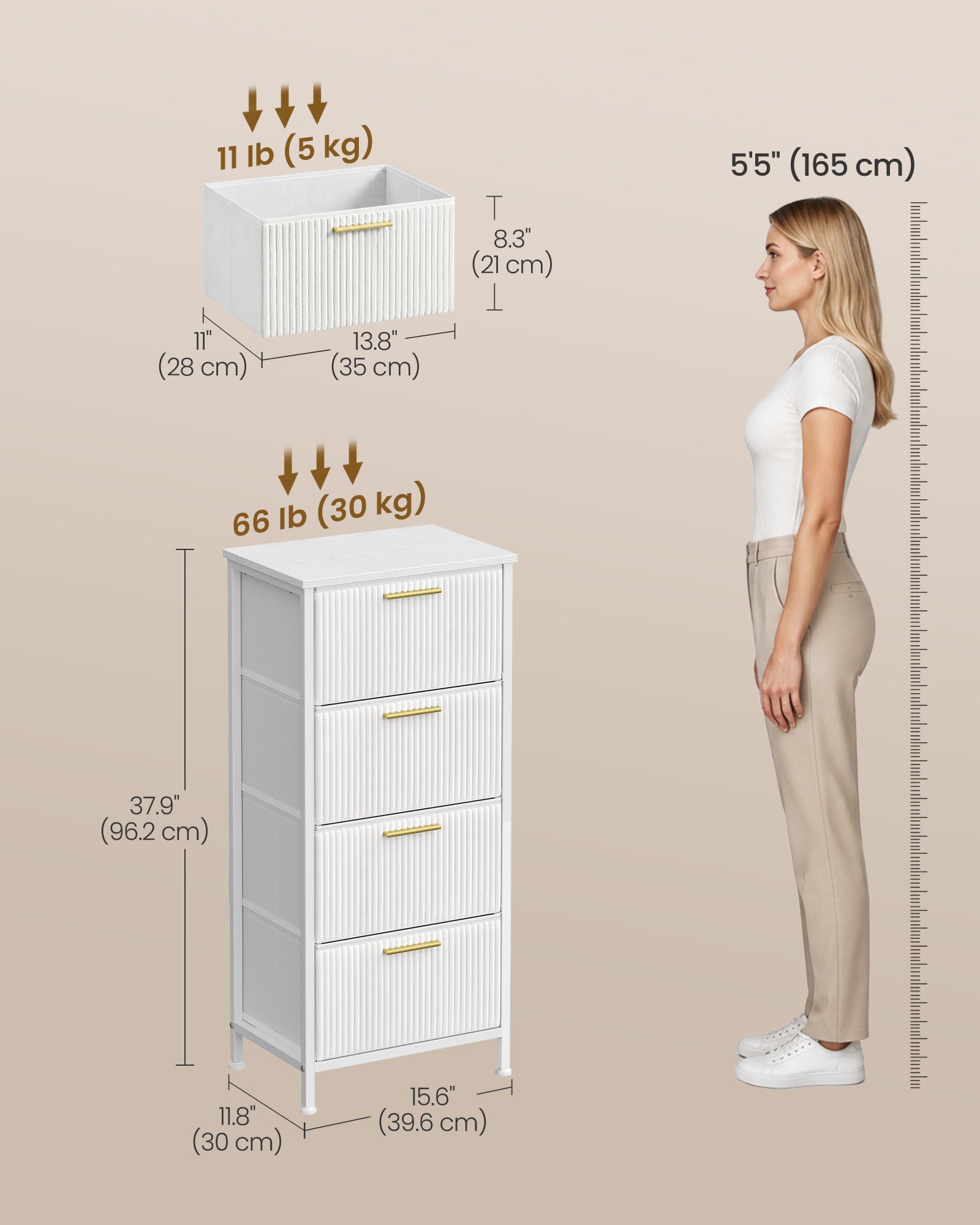 Chest of Drawers - Steel with Anti-Tip Kit - Snow White - 39.6 x 30 x 96.2 cm