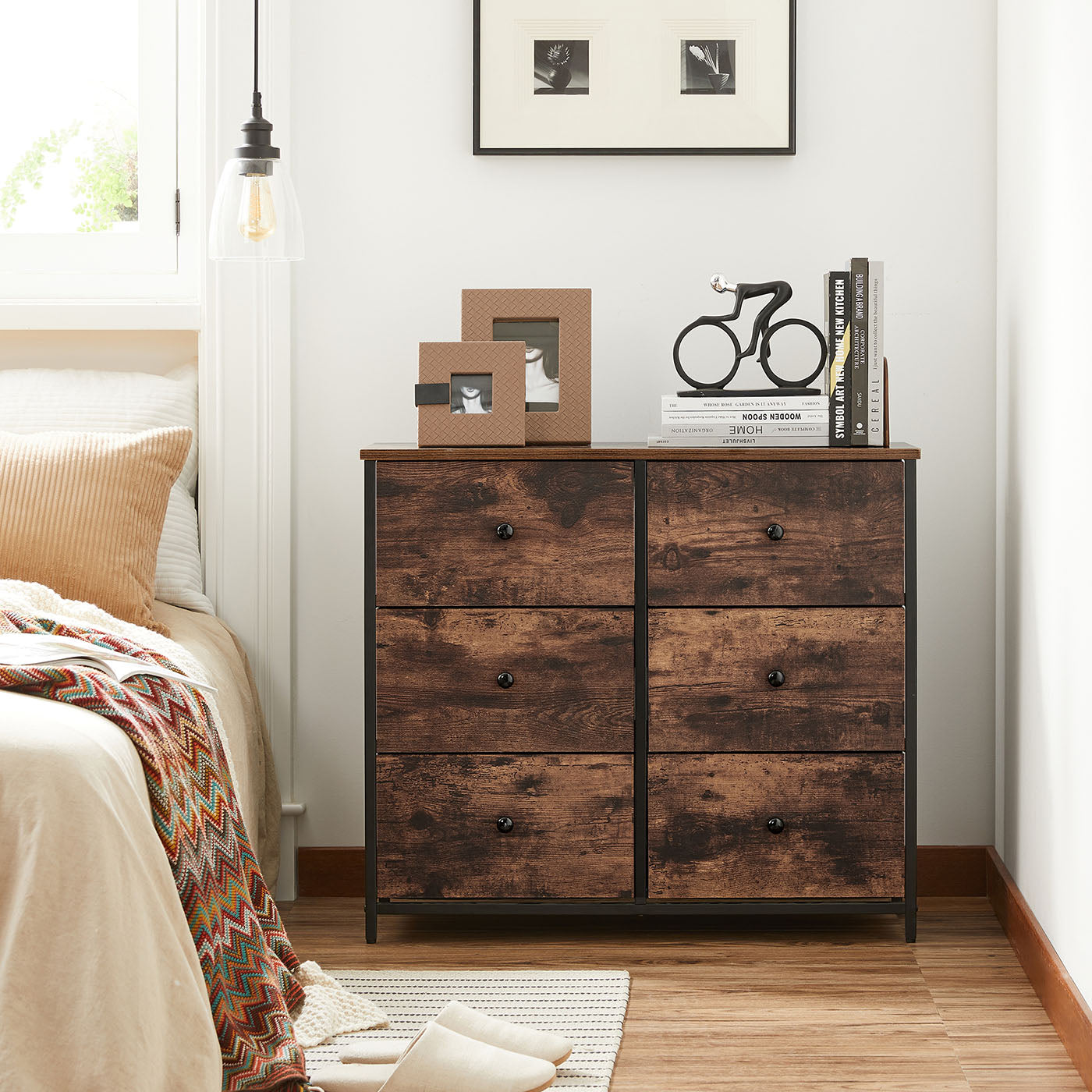 Chest of Drawers - Fabric - Rustic Brown and Black - 6 Drawers Storage Organizer Unit