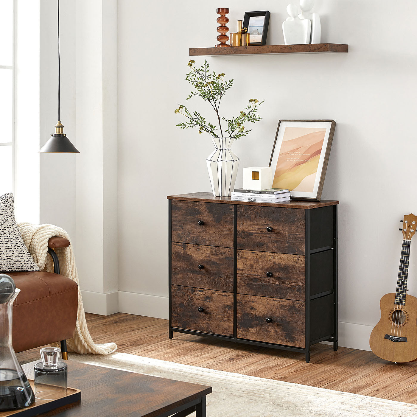 Chest of Drawers - Fabric - Rustic Brown and Black - 6 Drawers Storage Organizer Unit