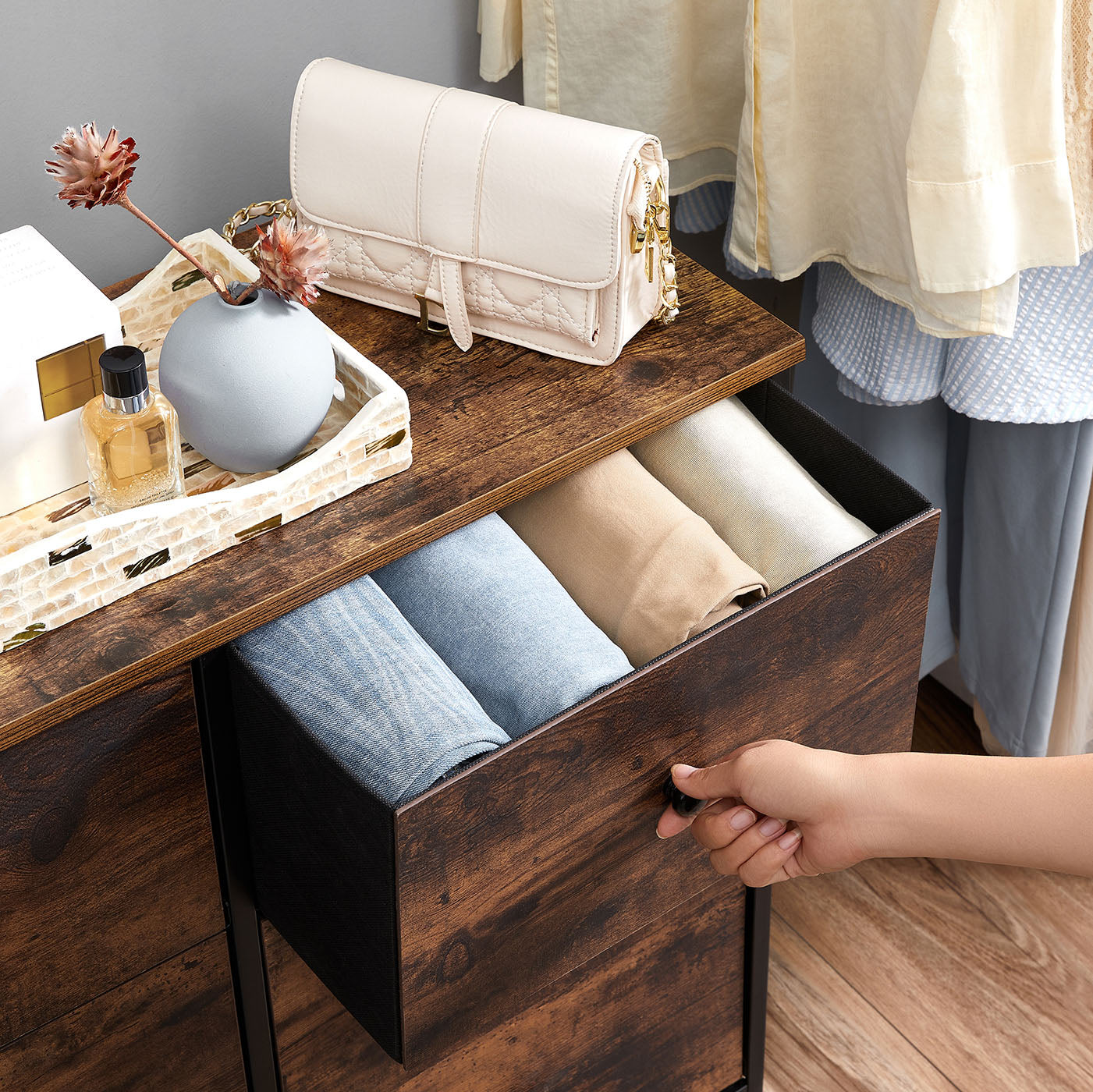 Chest of Drawers - Fabric - Rustic Brown and Black - 6 Drawers Storage Organizer Unit