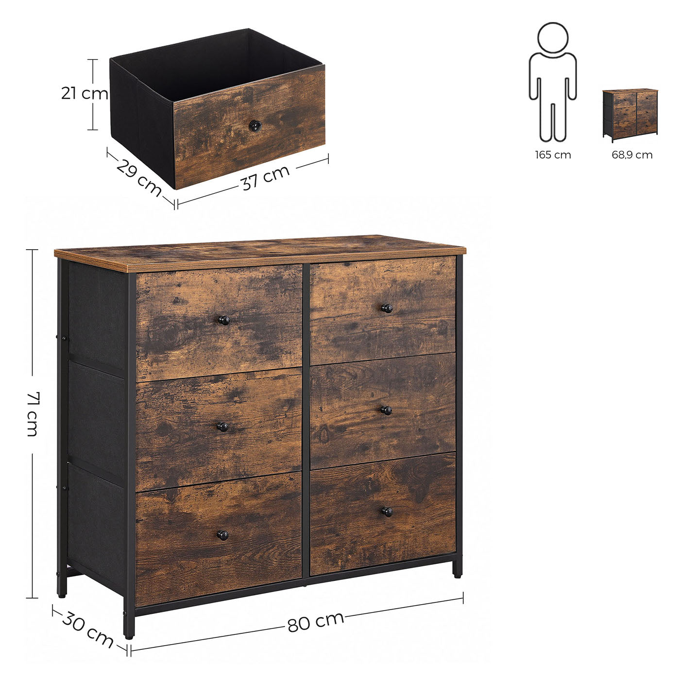 Chest of Drawers - Fabric - Rustic Brown and Black - 6 Drawers Storage Organizer Unit