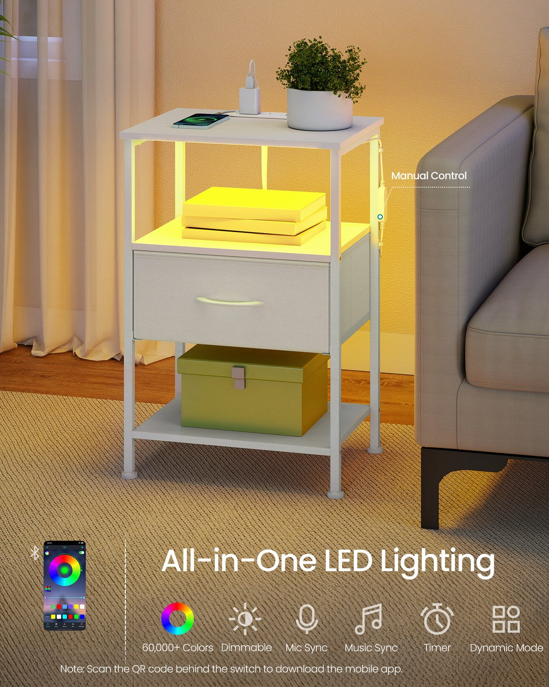 Bedside Table - Wood - Cloud White - with Charging Station and LED Lights
