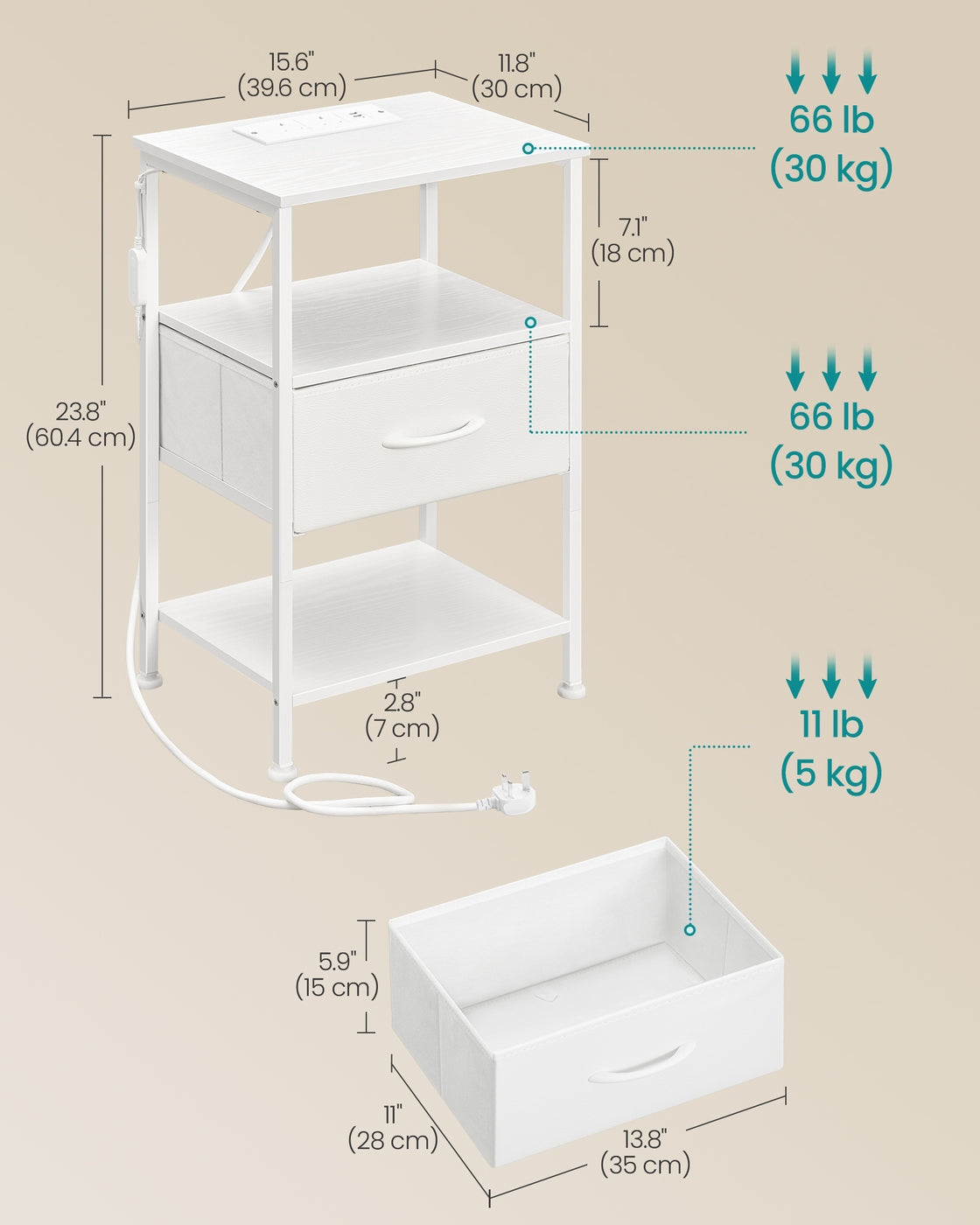 Bedside Table - Wood - Cloud White - with Charging Station and LED Lights