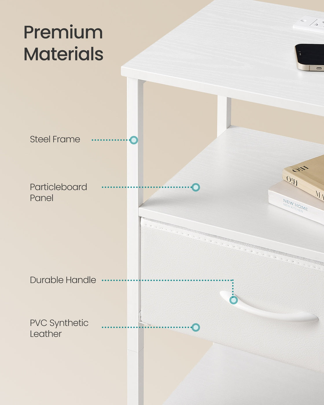 Bedside Table - Wood - Cloud White - with Charging Station and LED Lights