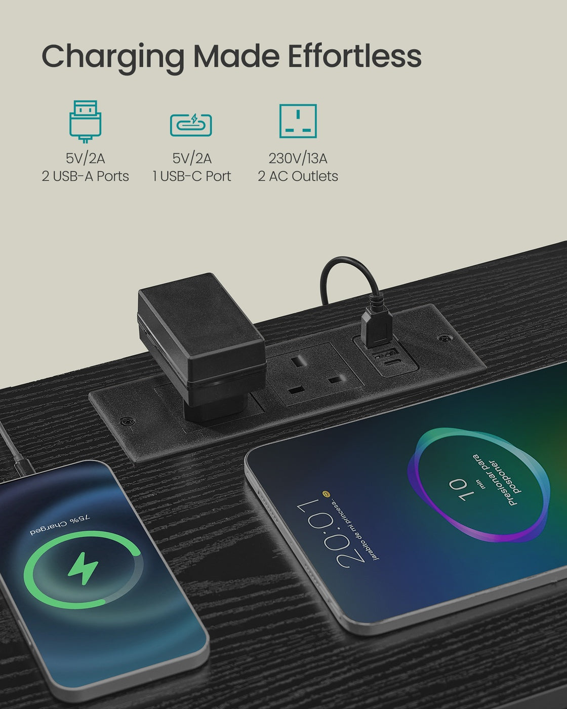 Bedside Table - 30L - Particleboard - Charging Station