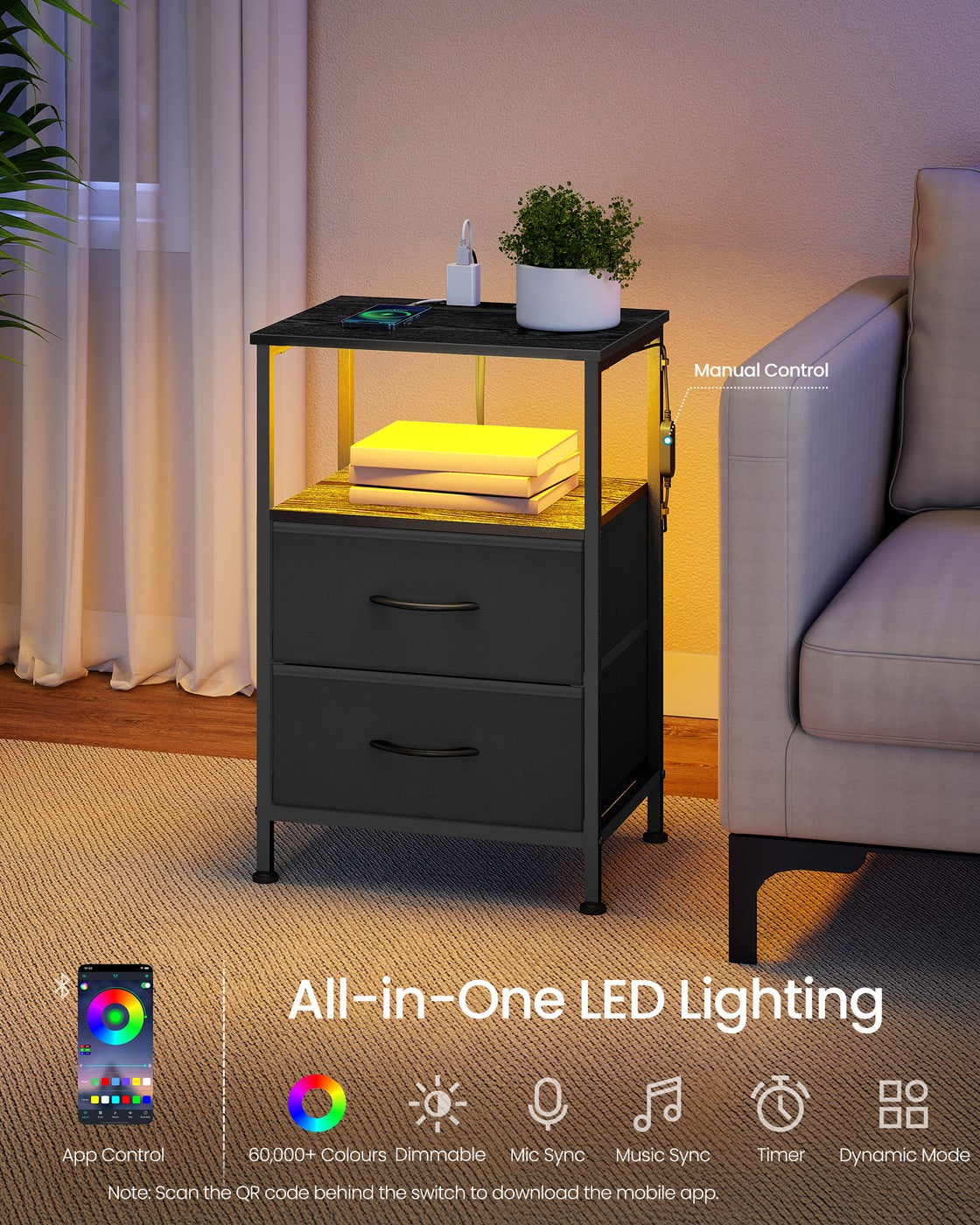Bedside Table - 30L - Particleboard - Charging Station
