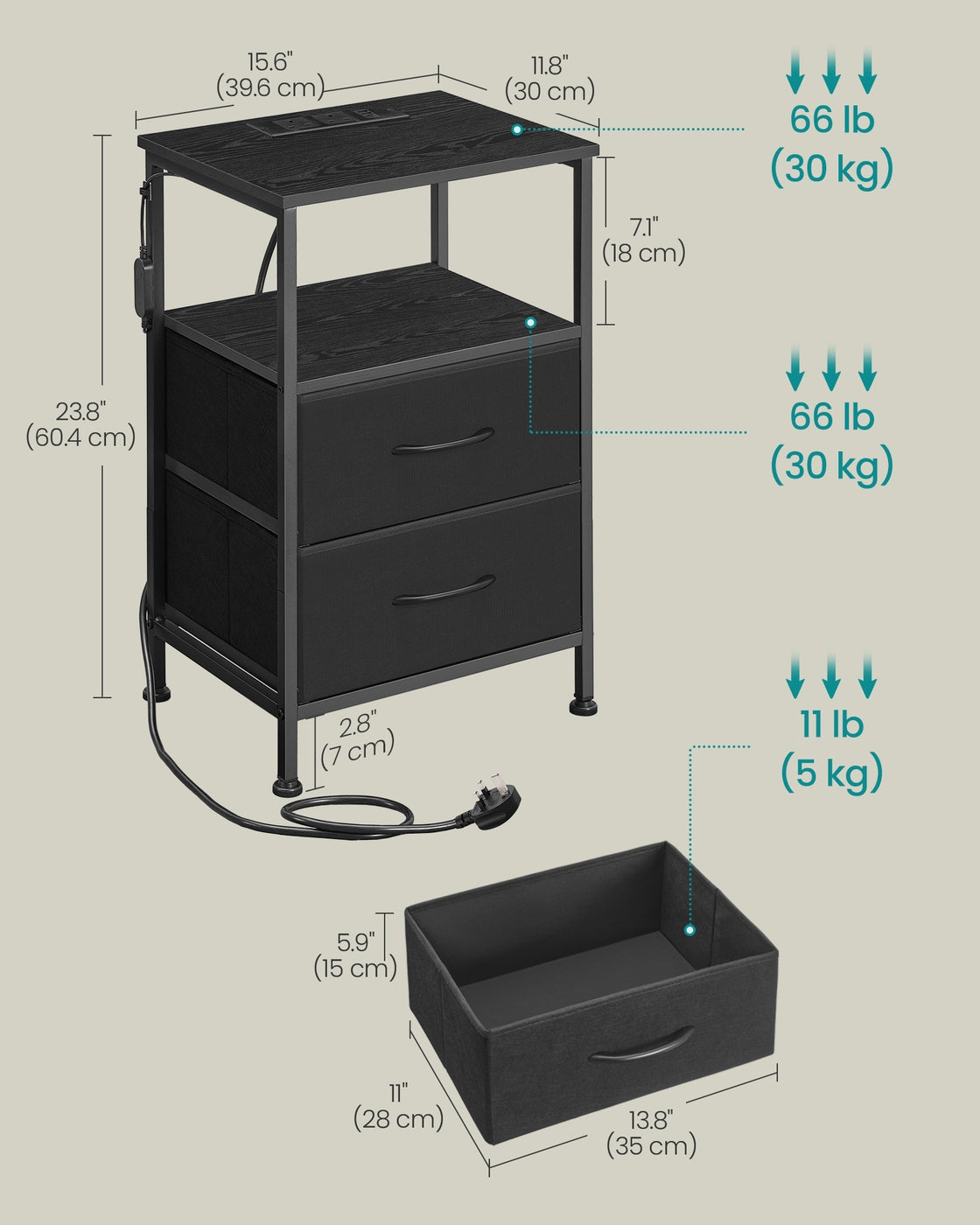 Bedside Table - 30L - Particleboard - Charging Station