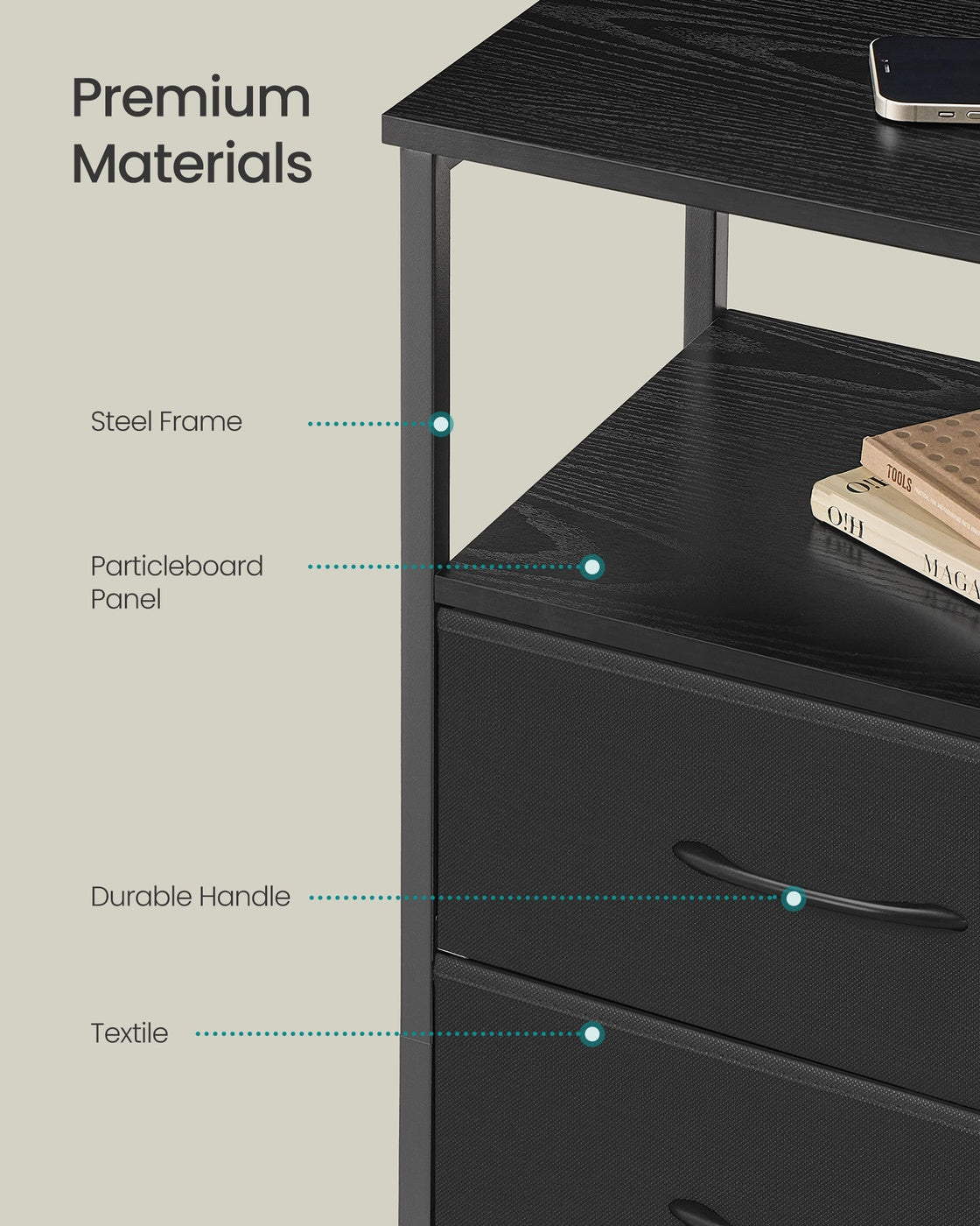 Bedside Table - 30L - Particleboard - Charging Station