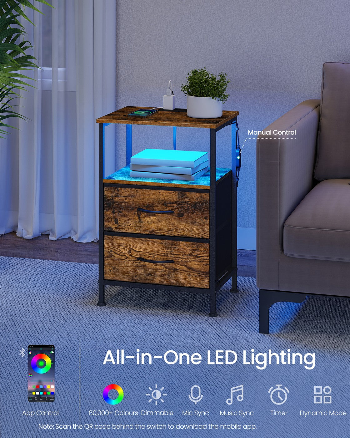 Bedside Table - Wood - Cloud White - with Charging Station and LED Lights