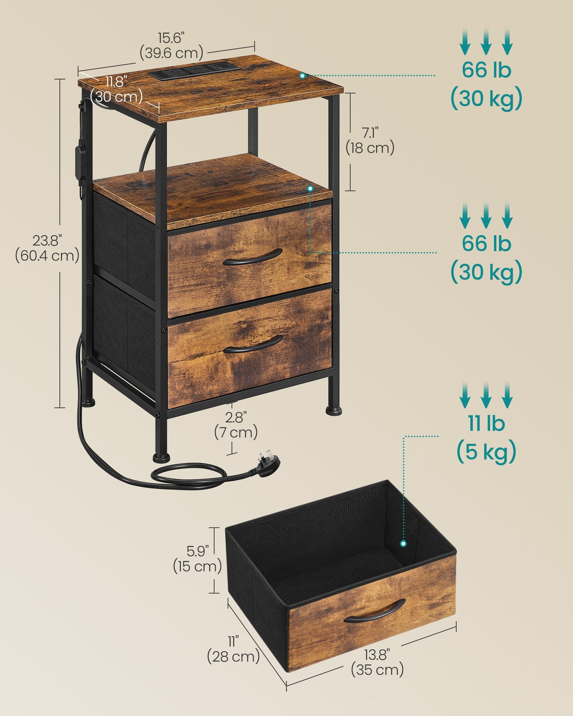 Bedside Table - 30L - MDF - Charging Station