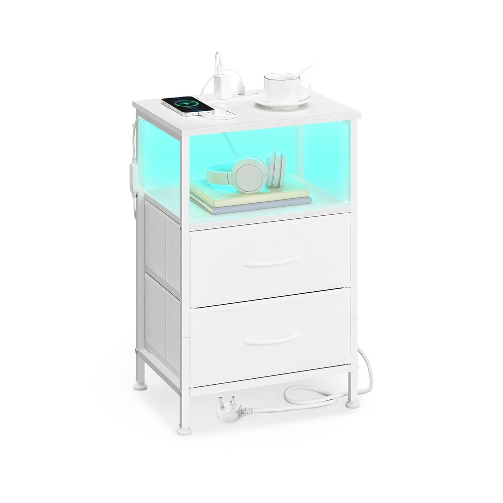 Bedside Table - Wood - Cloud White - with Charging Station and LED Lights