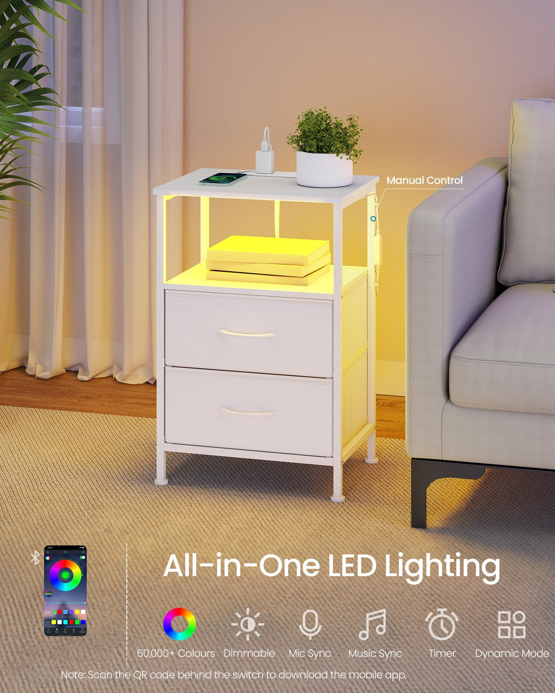 Bedside Table - Wood - Cloud White - with Charging Station and LED Lights