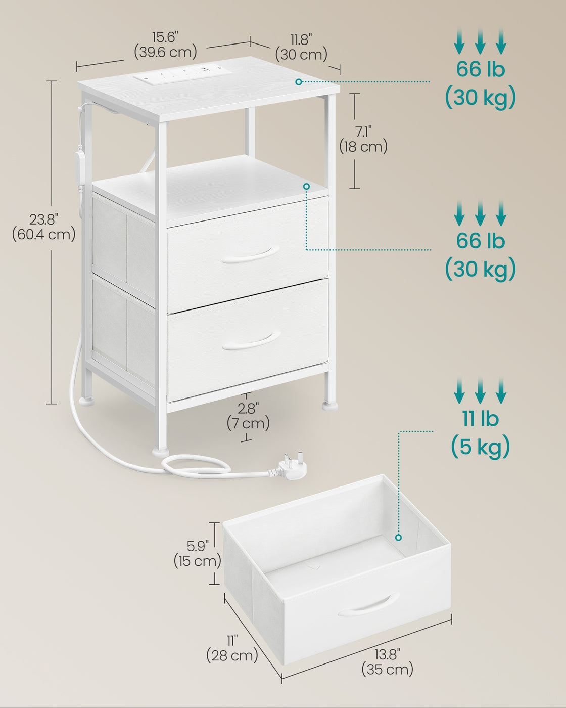 Bedside Table - Wood - Cloud White - with Charging Station and LED Lights