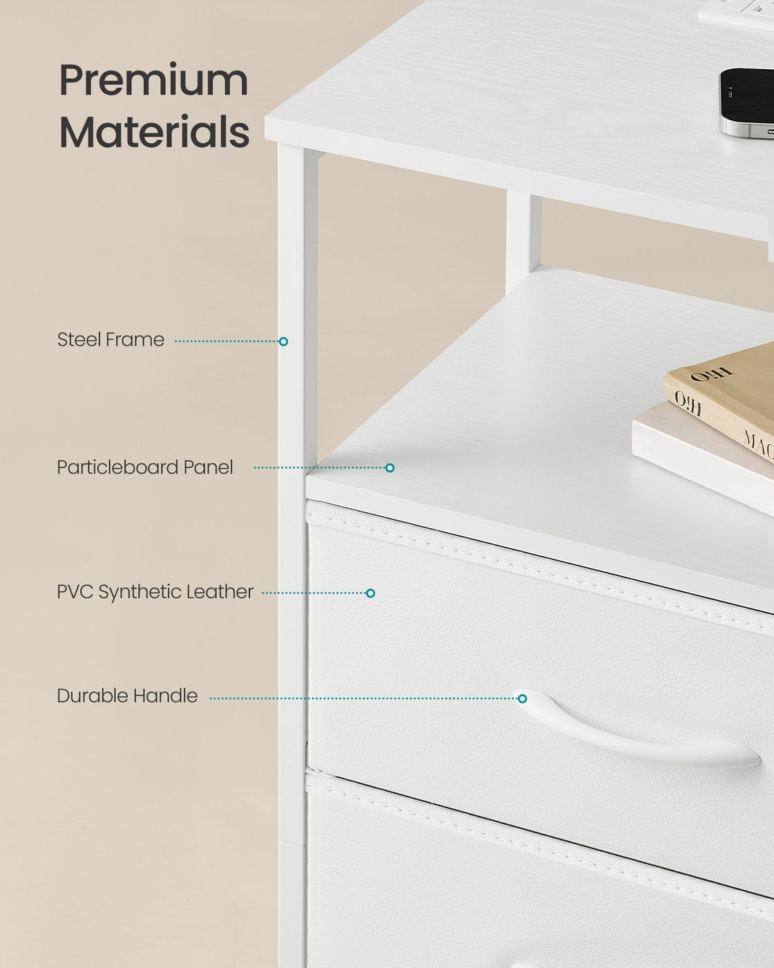 Bedside Table - Wood - Cloud White - with Charging Station and LED Lights