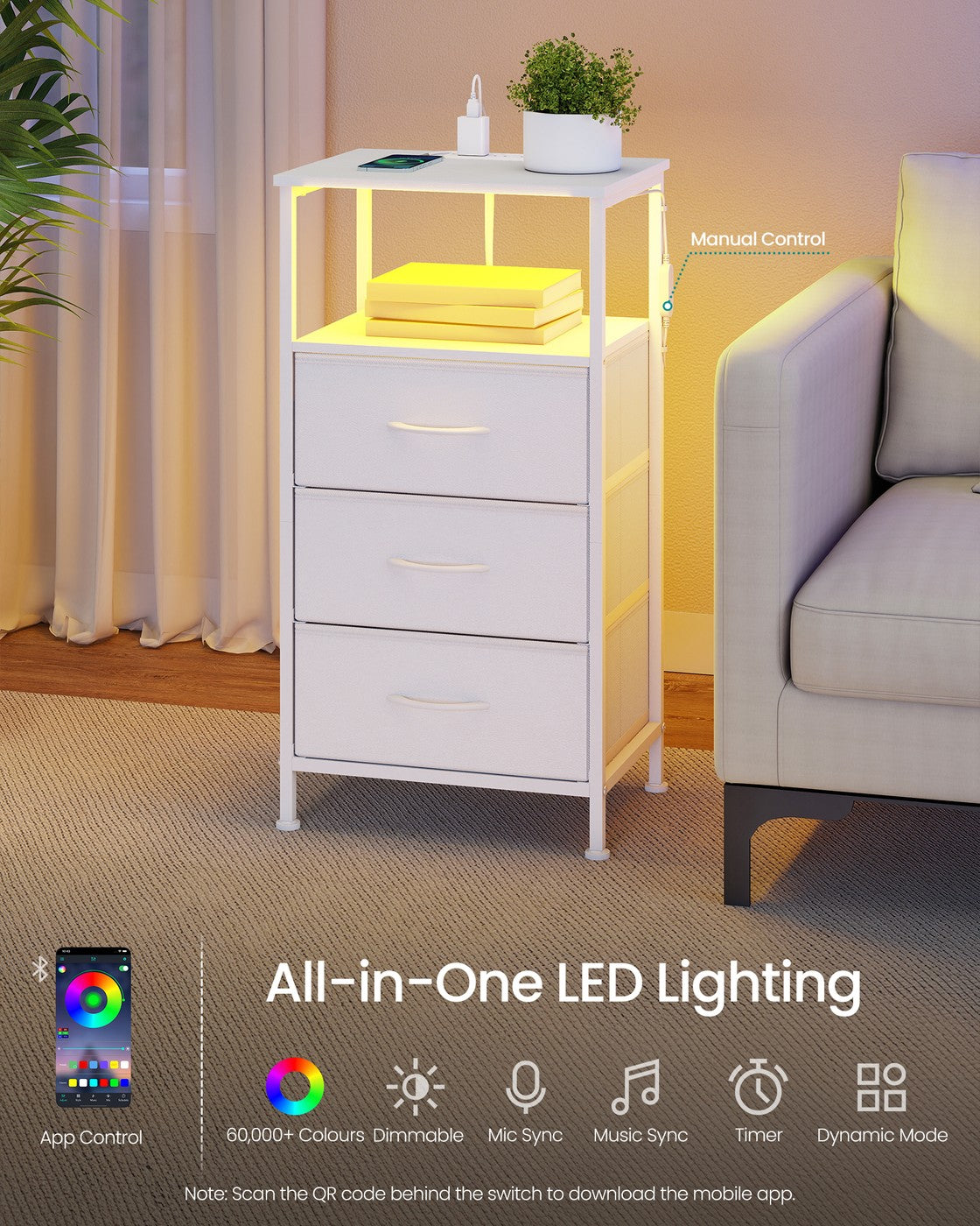 Bedside Table - 30L - Particleboard - Charging Station