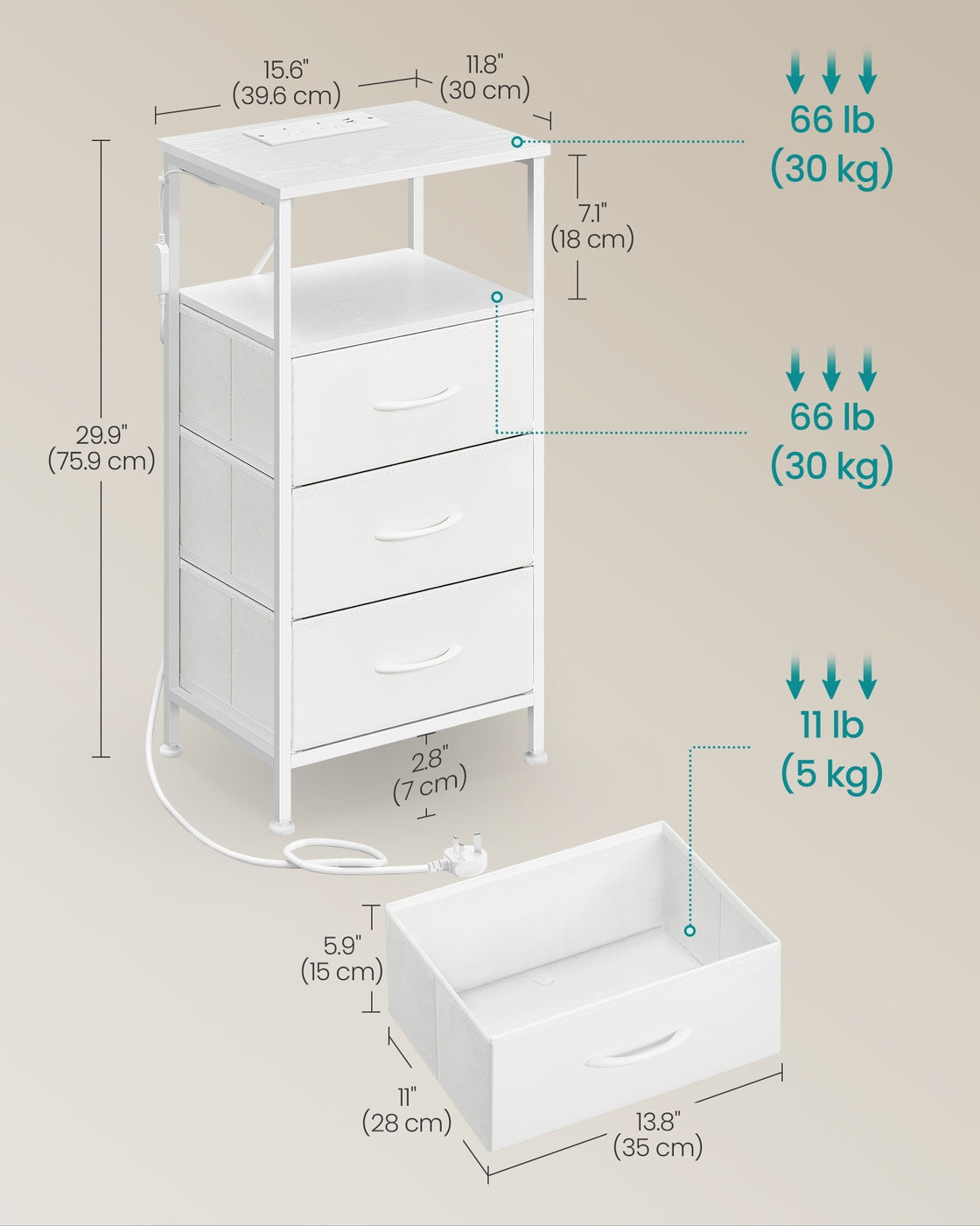 Bedside Table - 30L - Particleboard - Charging Station