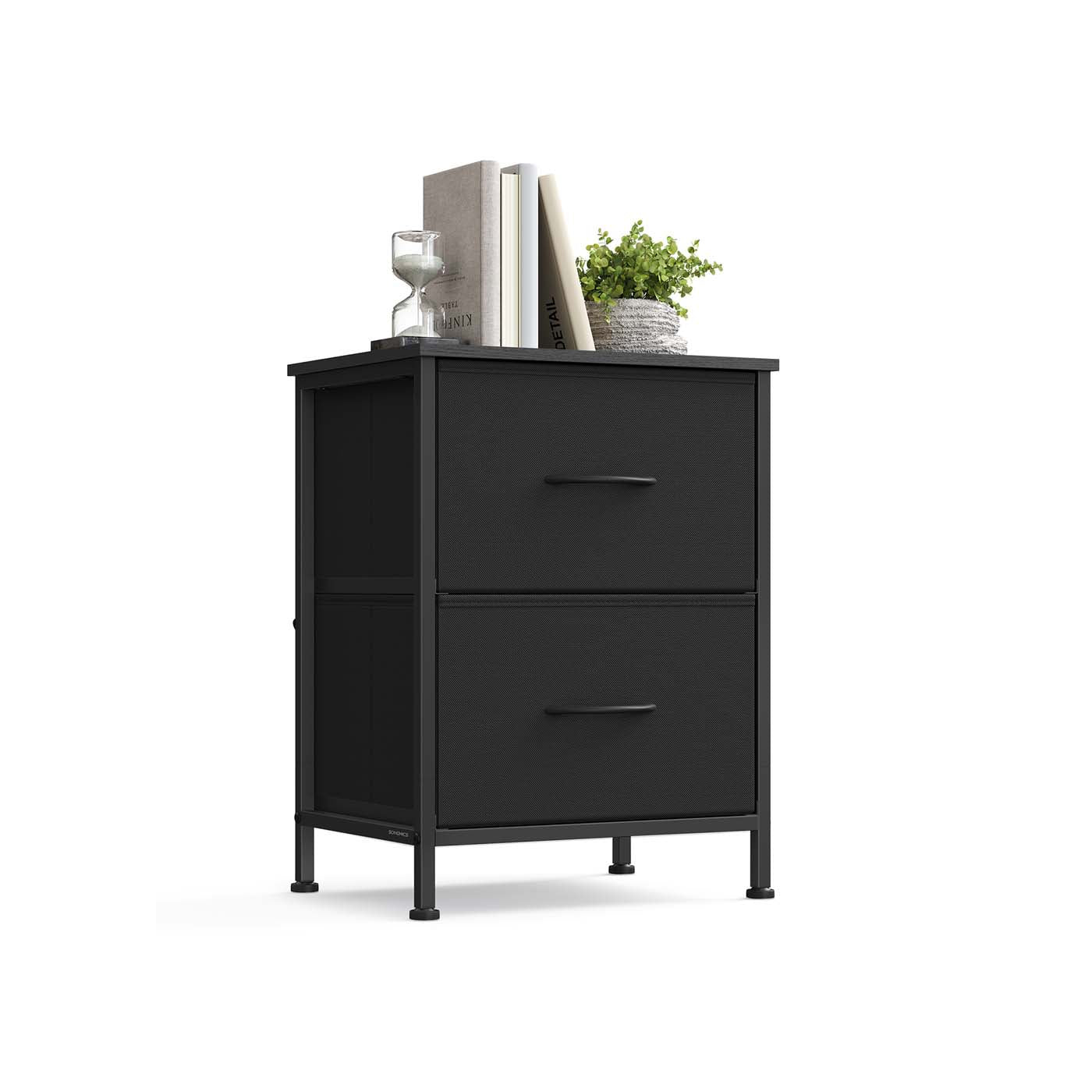 2-Drawer Bedside Table - MDF - Ink Black - Non-Woven Fabric Storage Drawers
