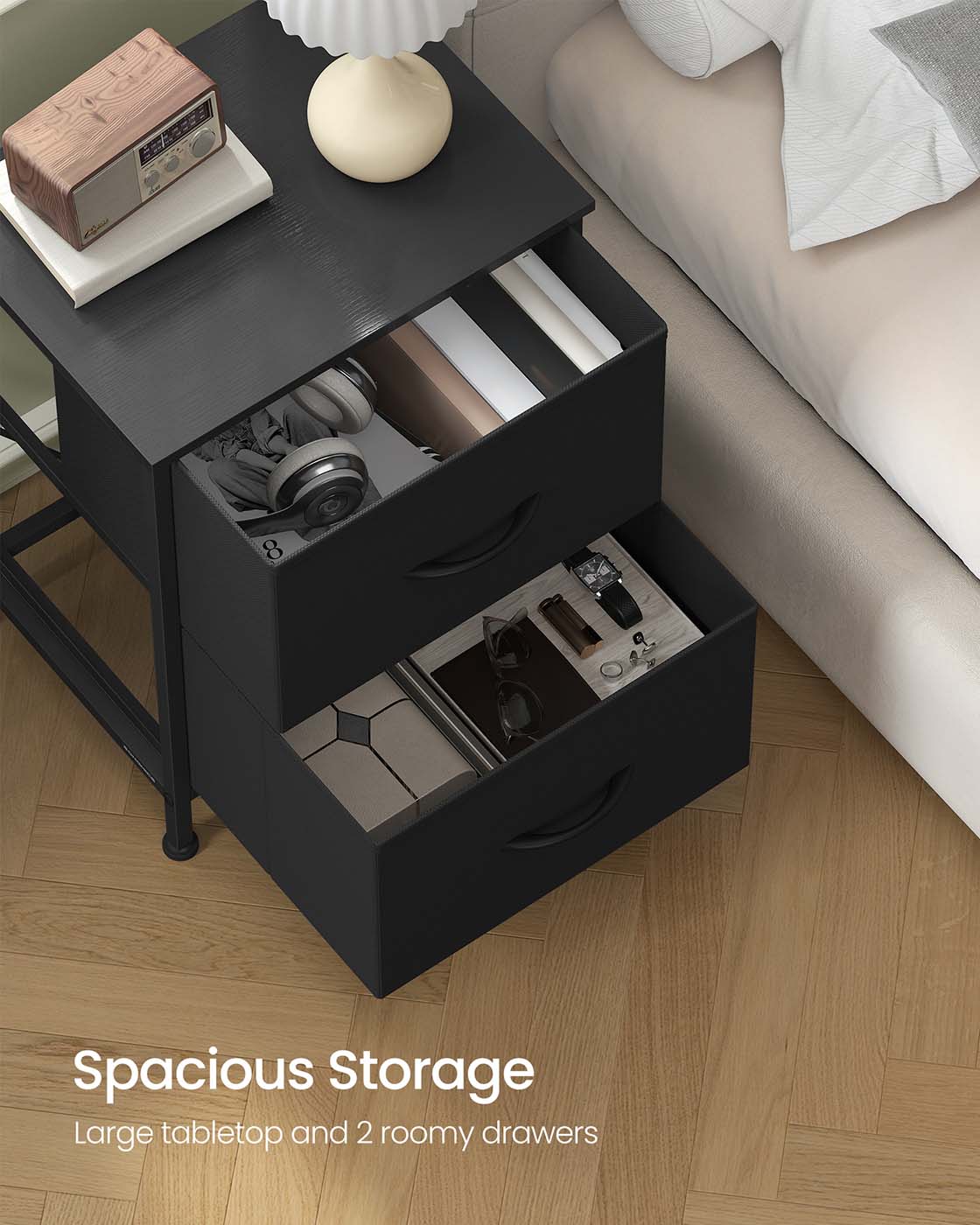 2-Drawer Bedside Table - MDF - Ink Black - Non-Woven Fabric Storage Drawers