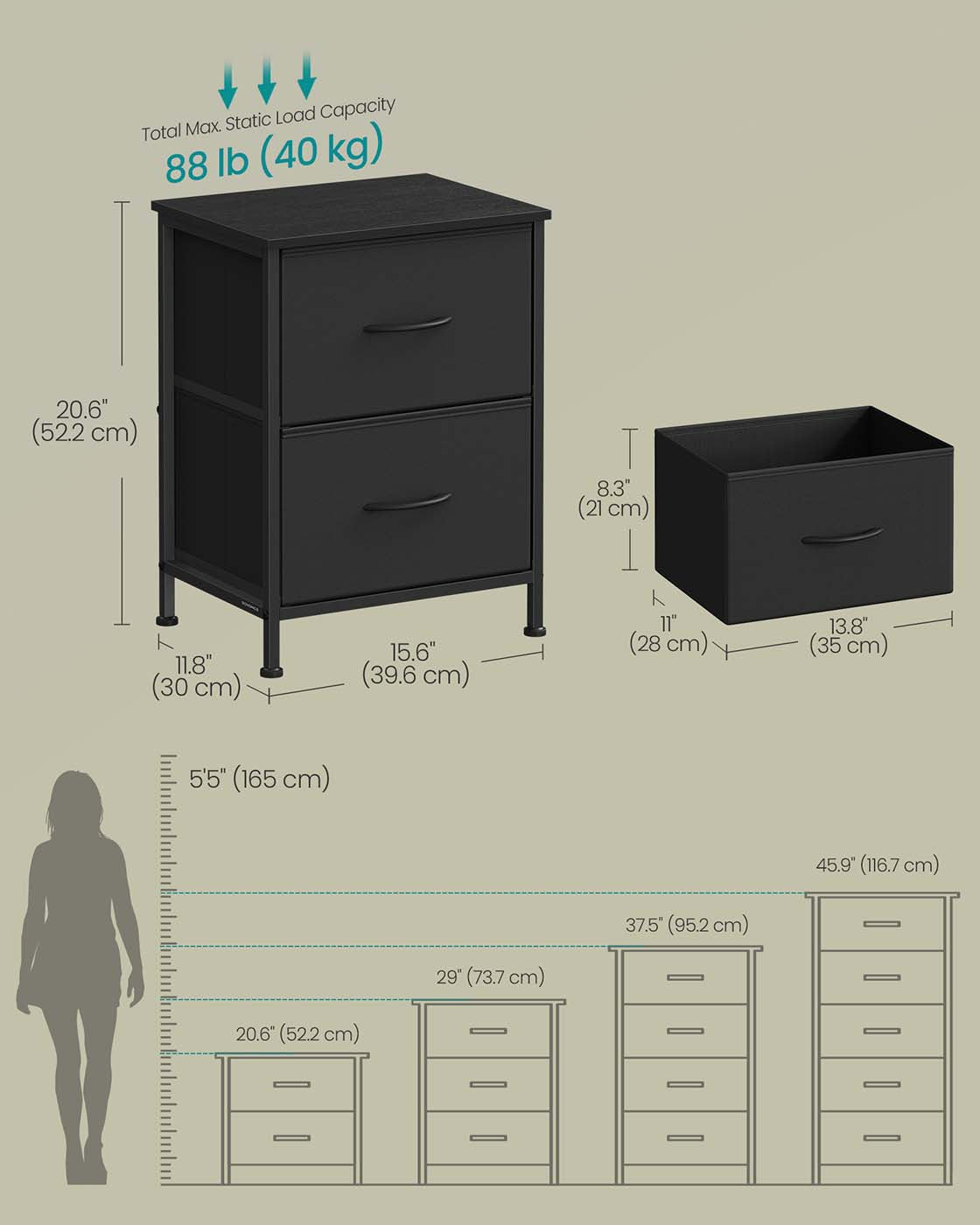 2-Drawer Bedside Table - MDF - Ink Black - Non-Woven Fabric Storage Drawers