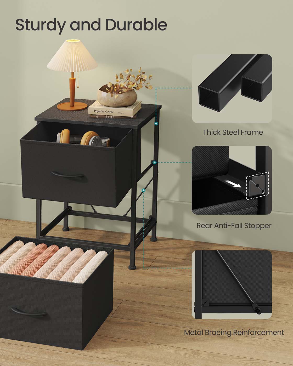 2-Drawer Bedside Table - MDF - Ink Black - Non-Woven Fabric Storage Drawers