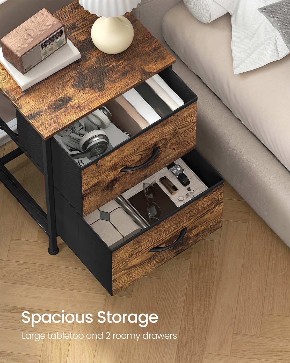 2-Drawer Bedside Table - MDF - Ink Black - Non-Woven Fabric Storage Drawers