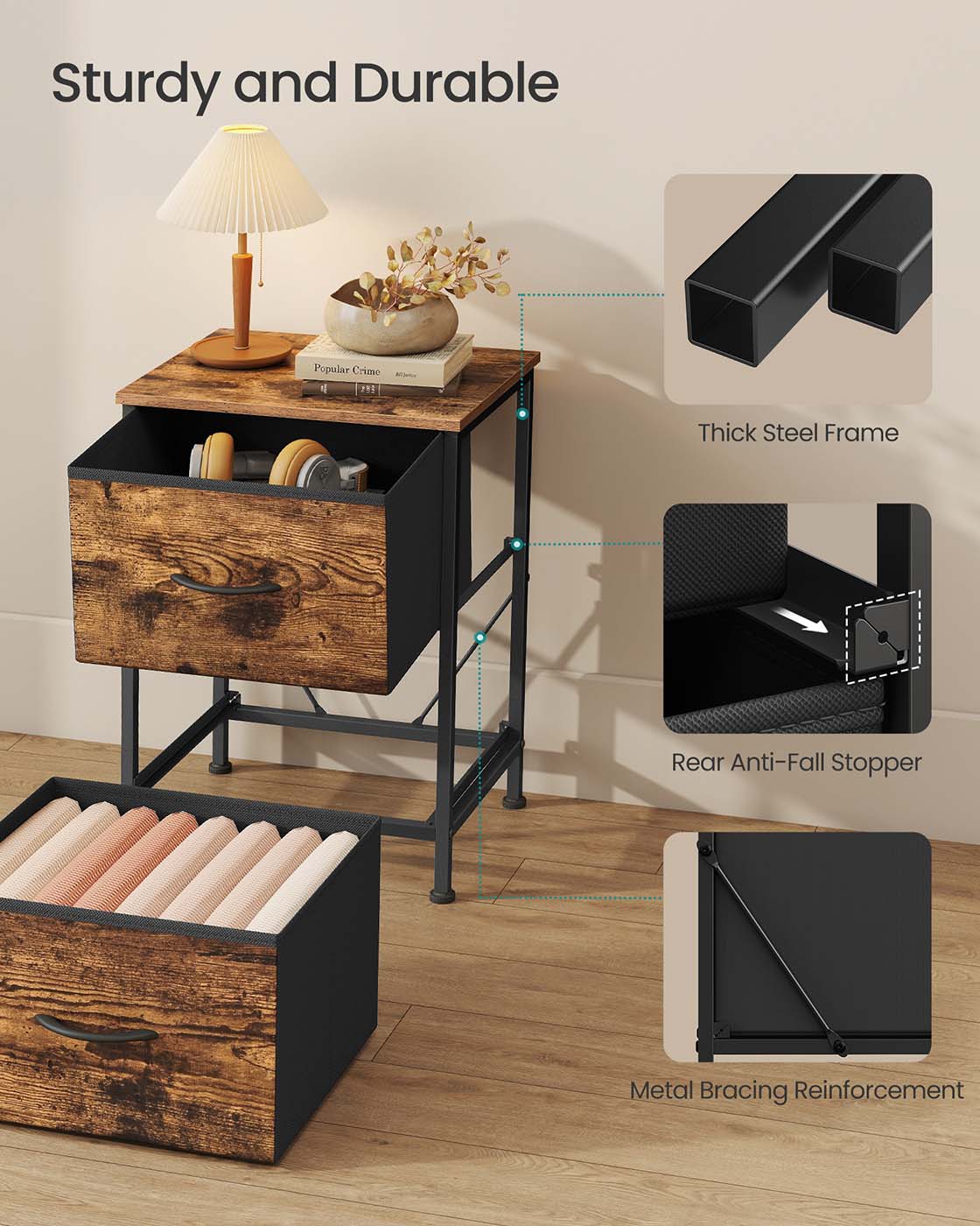 2-Drawer Bedside Table - MDF - Ink Black - Non-Woven Fabric Storage Drawers