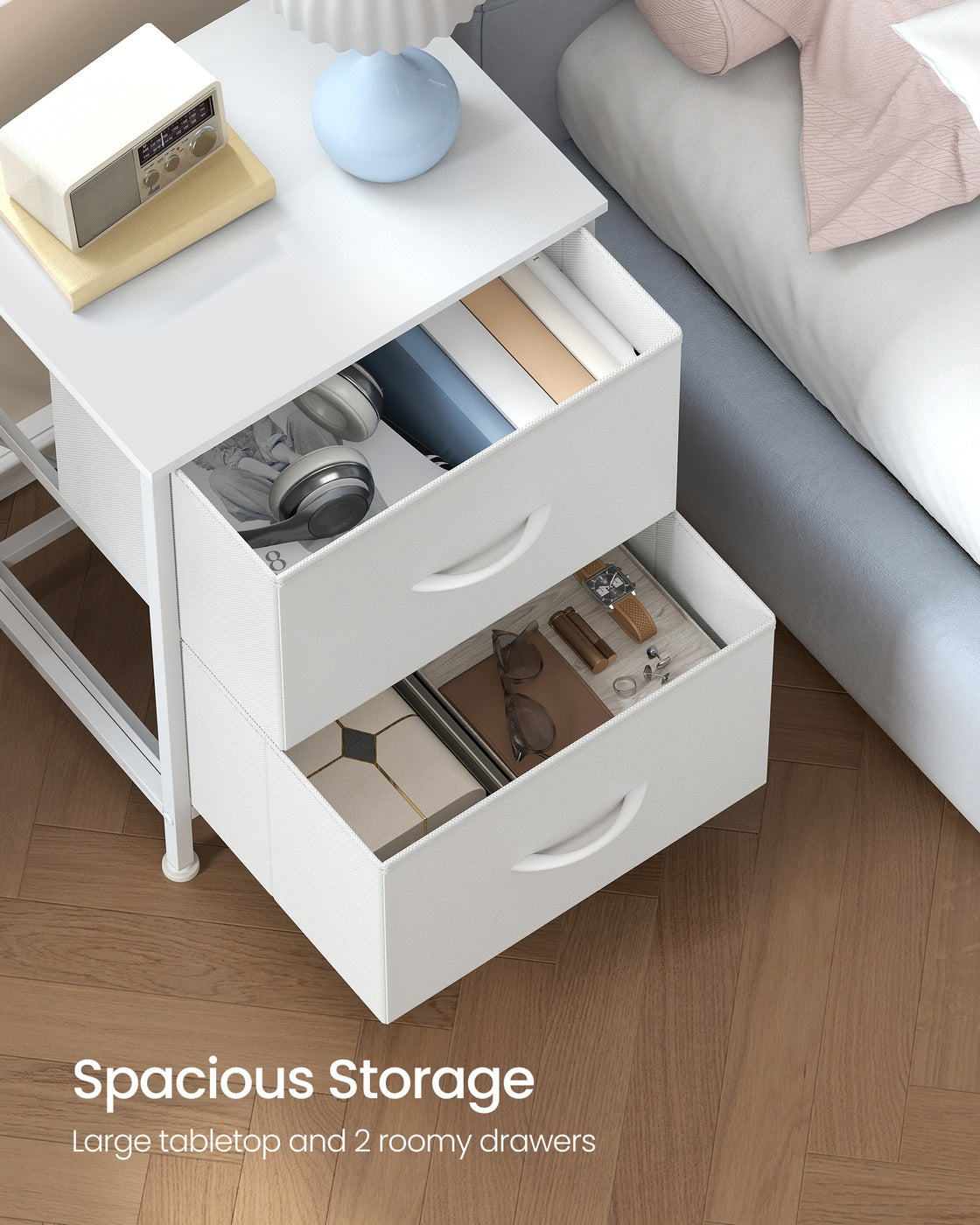 Bedside Table - MDF - Cloud White - 2 Non-Woven Fabric Drawers