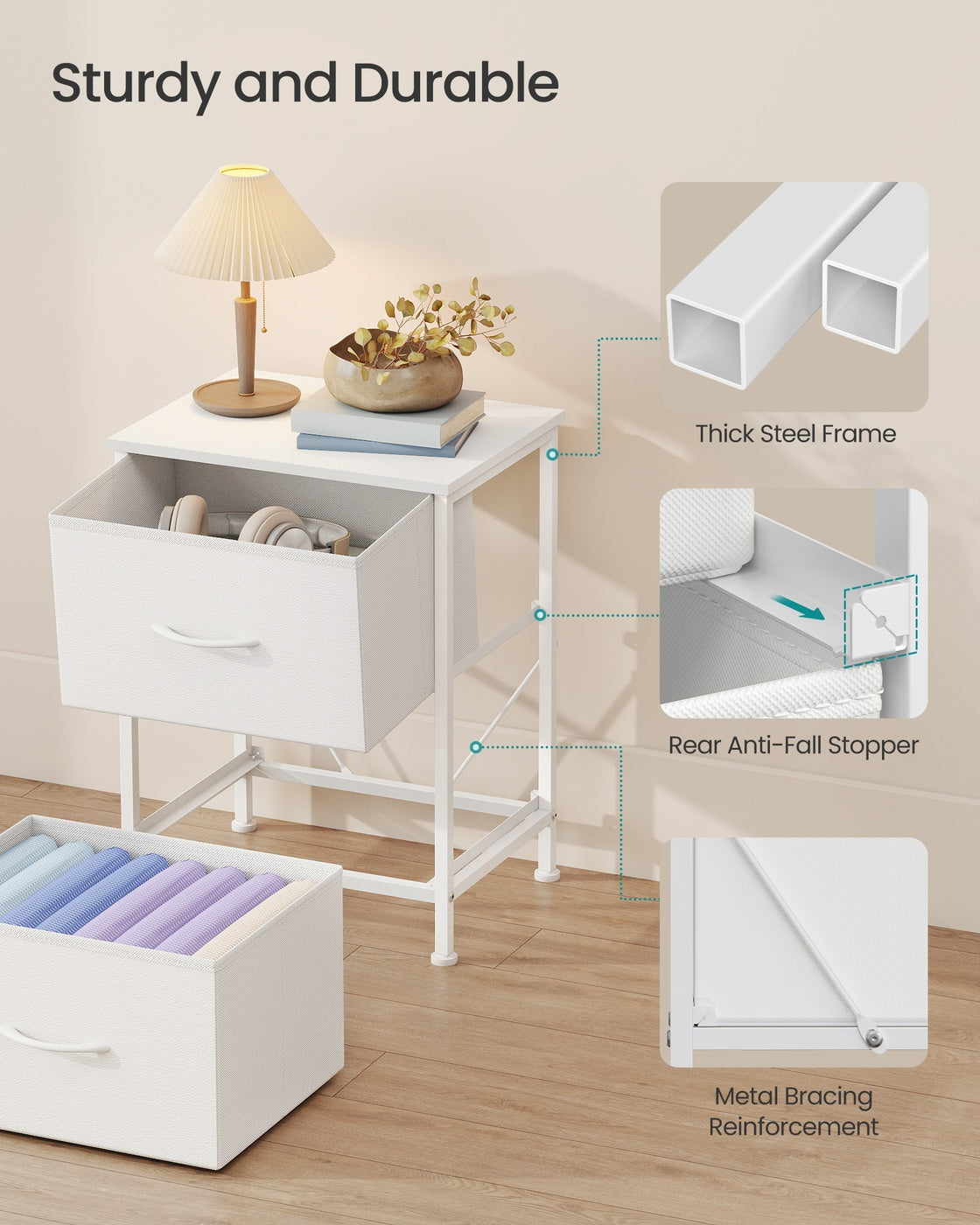 Bedside Table - MDF - Cloud White - 2 Non-Woven Fabric Drawers