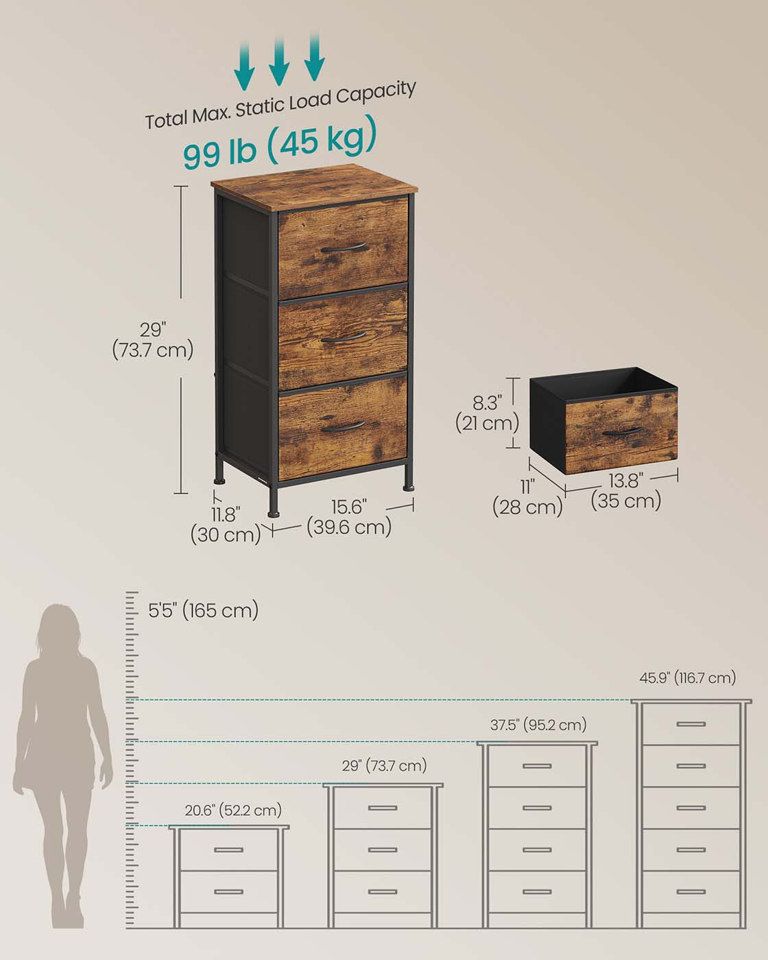 3-Drawer Chest - Non-Woven Fabric - Ink Black - Sturdy Design for Everyday Use