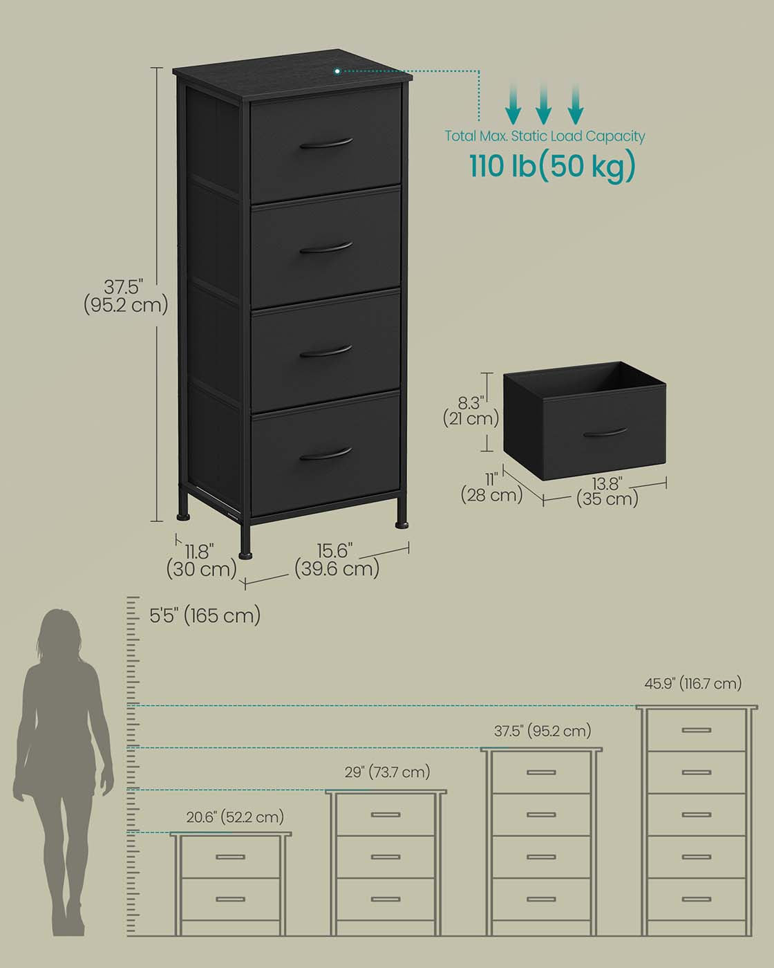 4-Drawer Chest - Steel - Ink Black - Versatile Fabric Storage