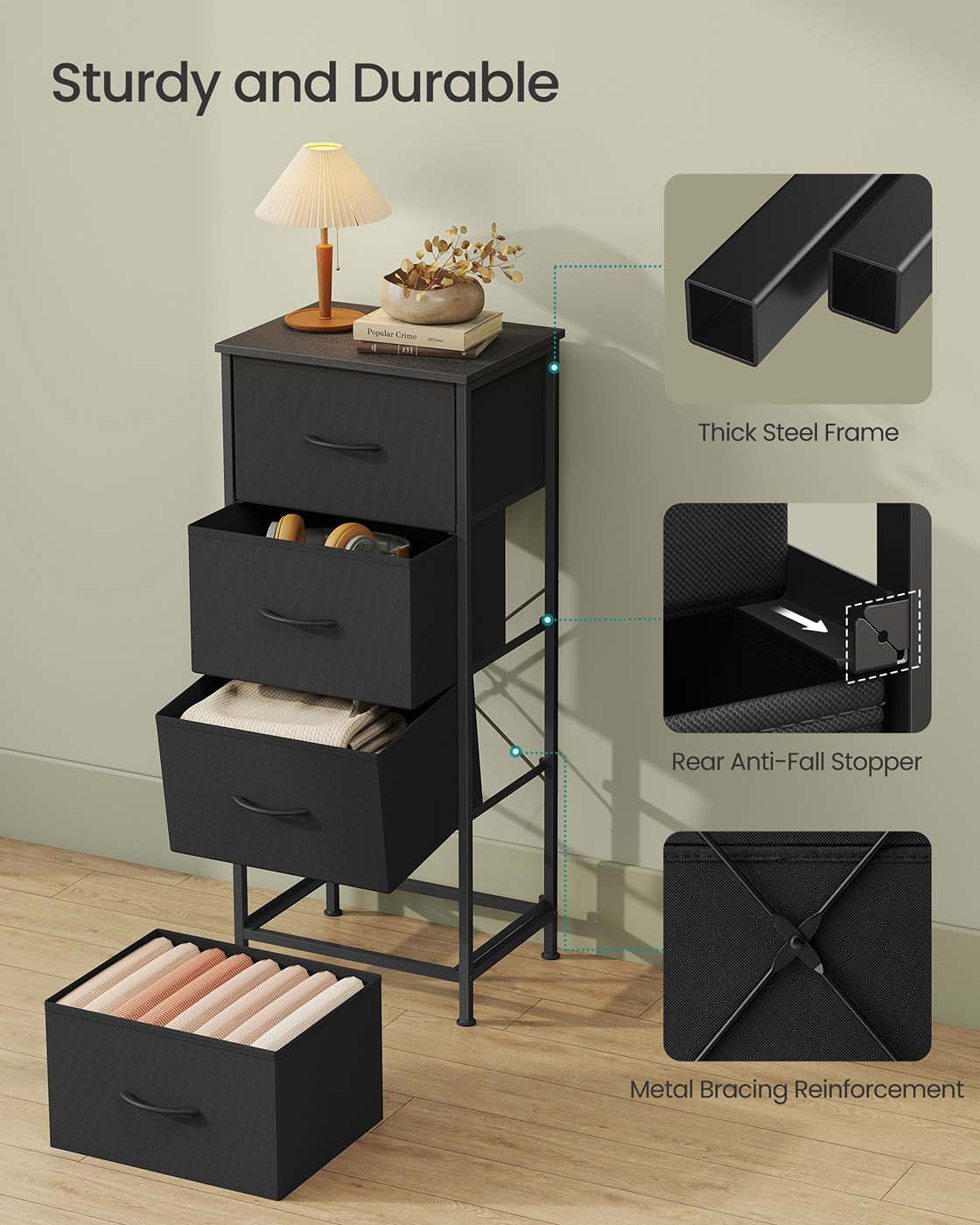 4-Drawer Chest - Steel - Ink Black - Versatile Fabric Storage