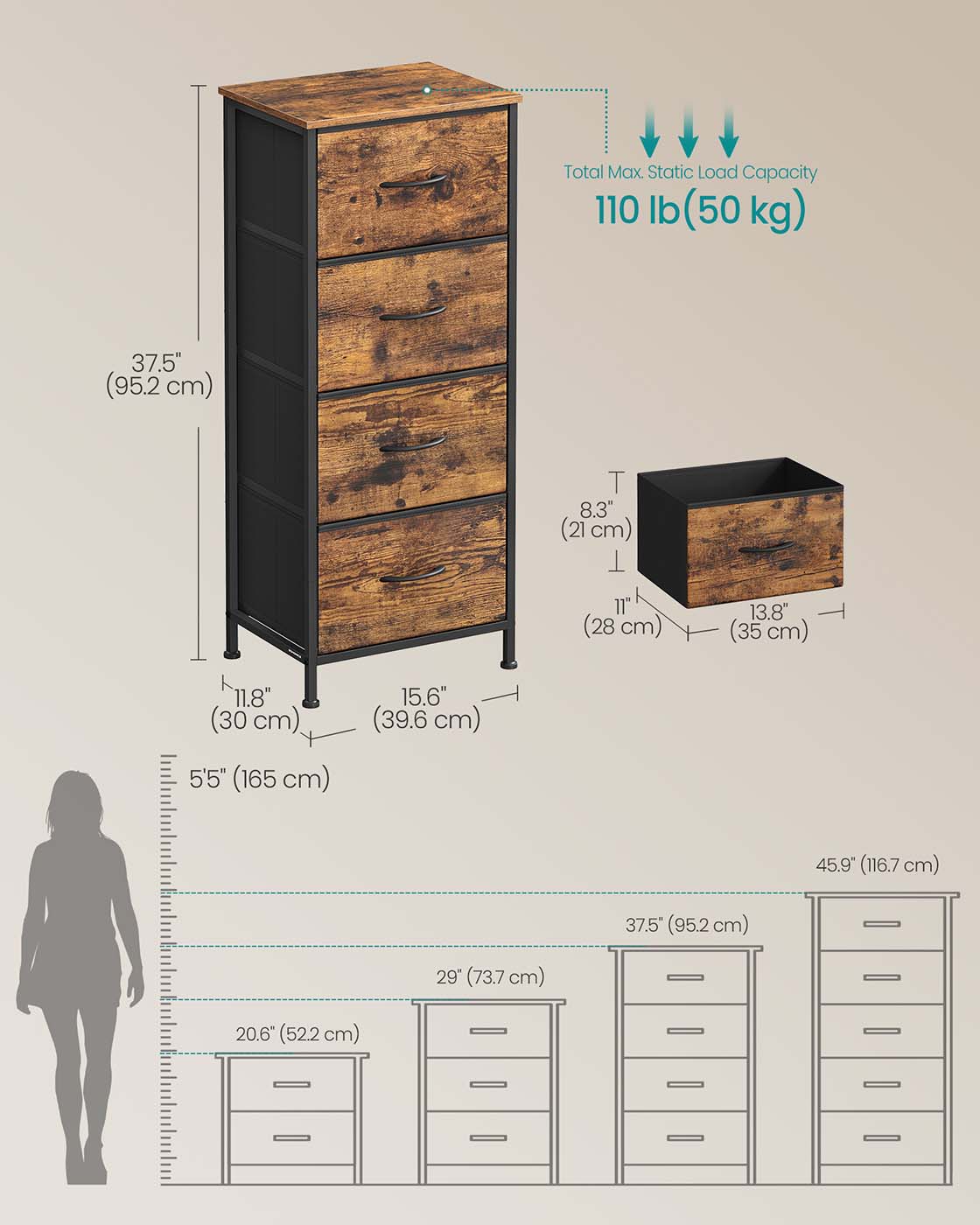 4-Drawer Chest - Steel - Ink Black - Versatile Fabric Storage