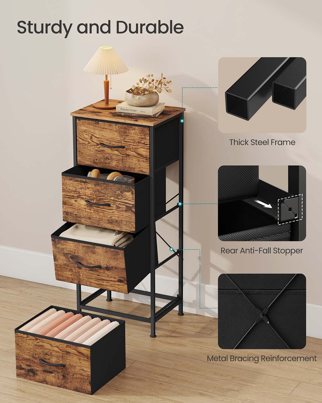 4-Drawer Chest - Steel - Ink Black - Versatile Fabric Storage