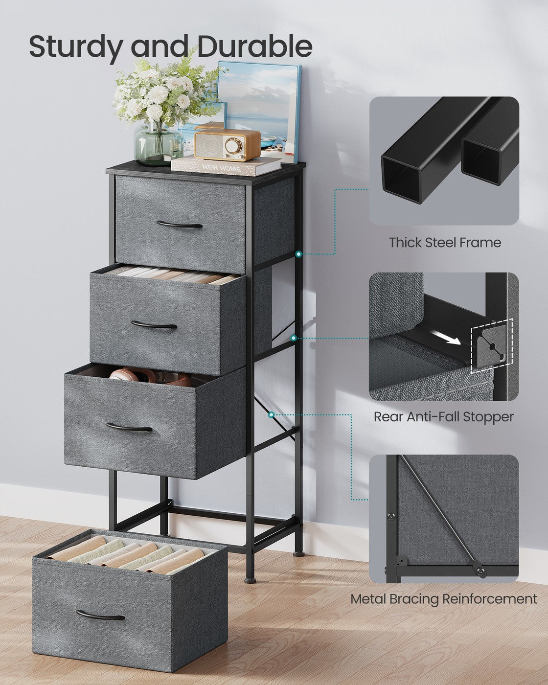 BELLAH Collection Chest of Drawers 4 Drawers - MDF and Wood - Slate Grey