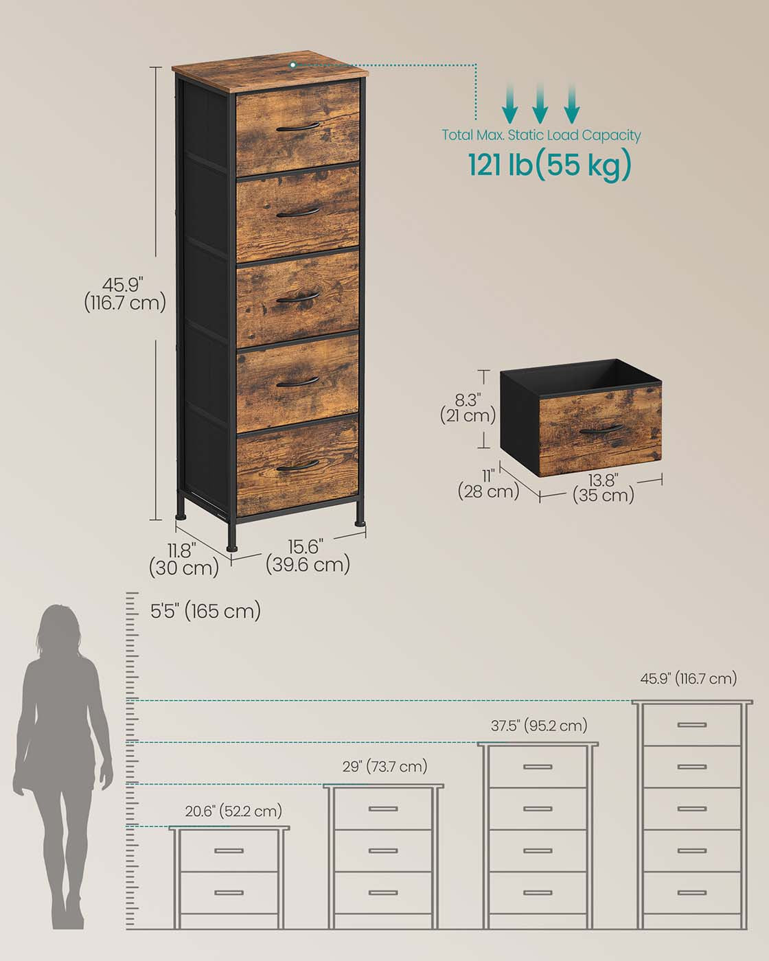 5-Drawer Chest - Steel - Ink Black - Versatile Fabric Storage
