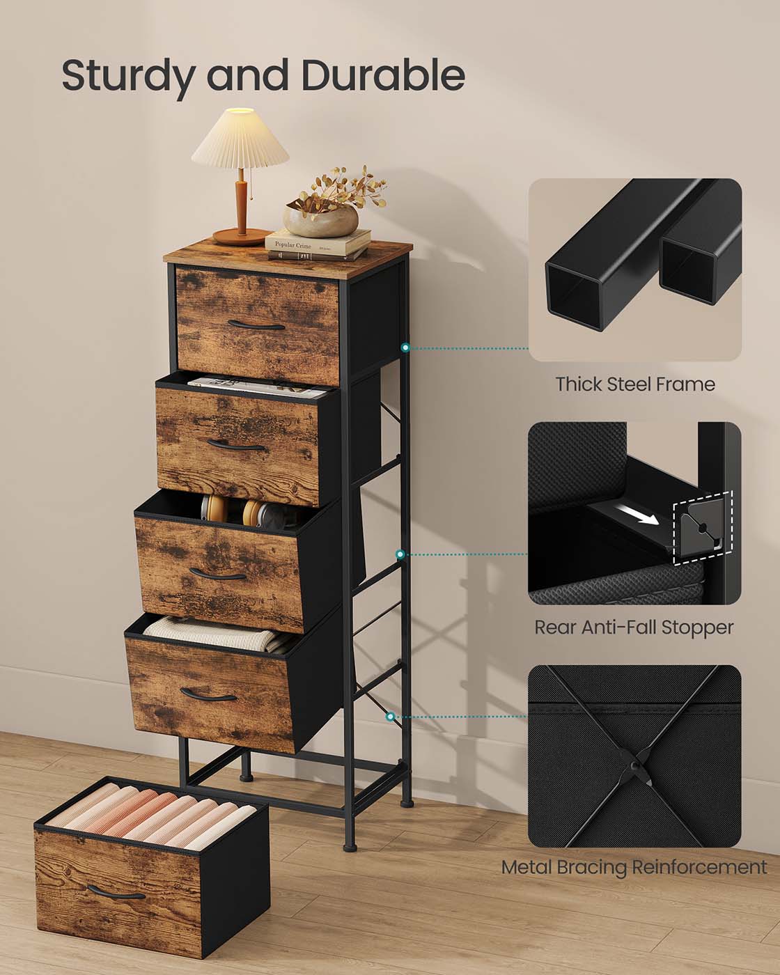 5-Drawer Chest - Steel - Ink Black - Versatile Fabric Storage