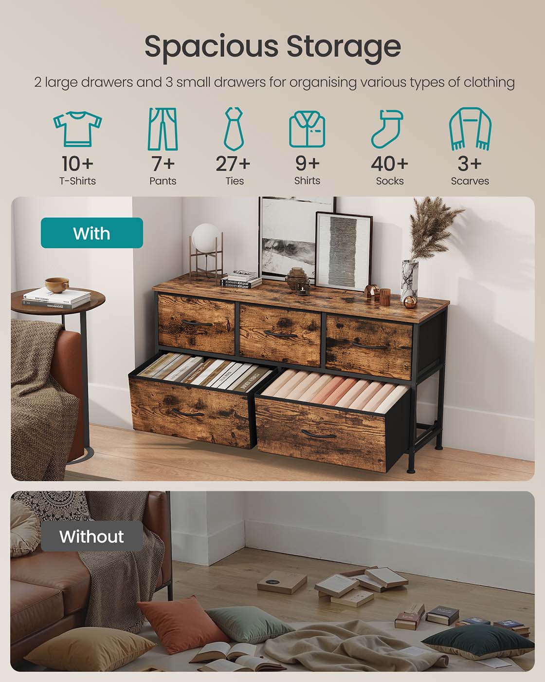 5-Drawer Chest - MDF - Rustic Brown - Versatile Fabric Storage Unit