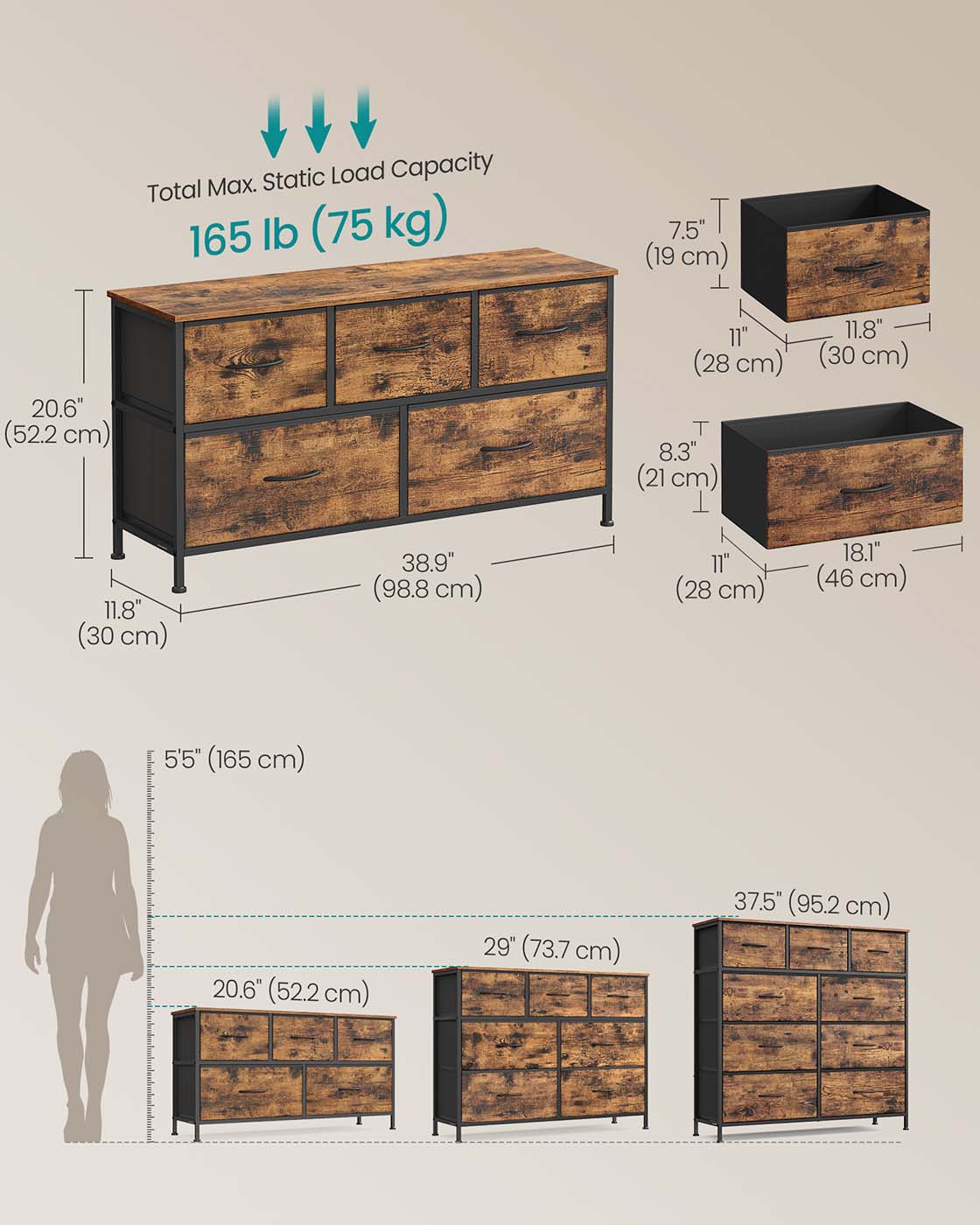 5-Drawer Chest - MDF - Rustic Brown - Versatile Fabric Storage Unit