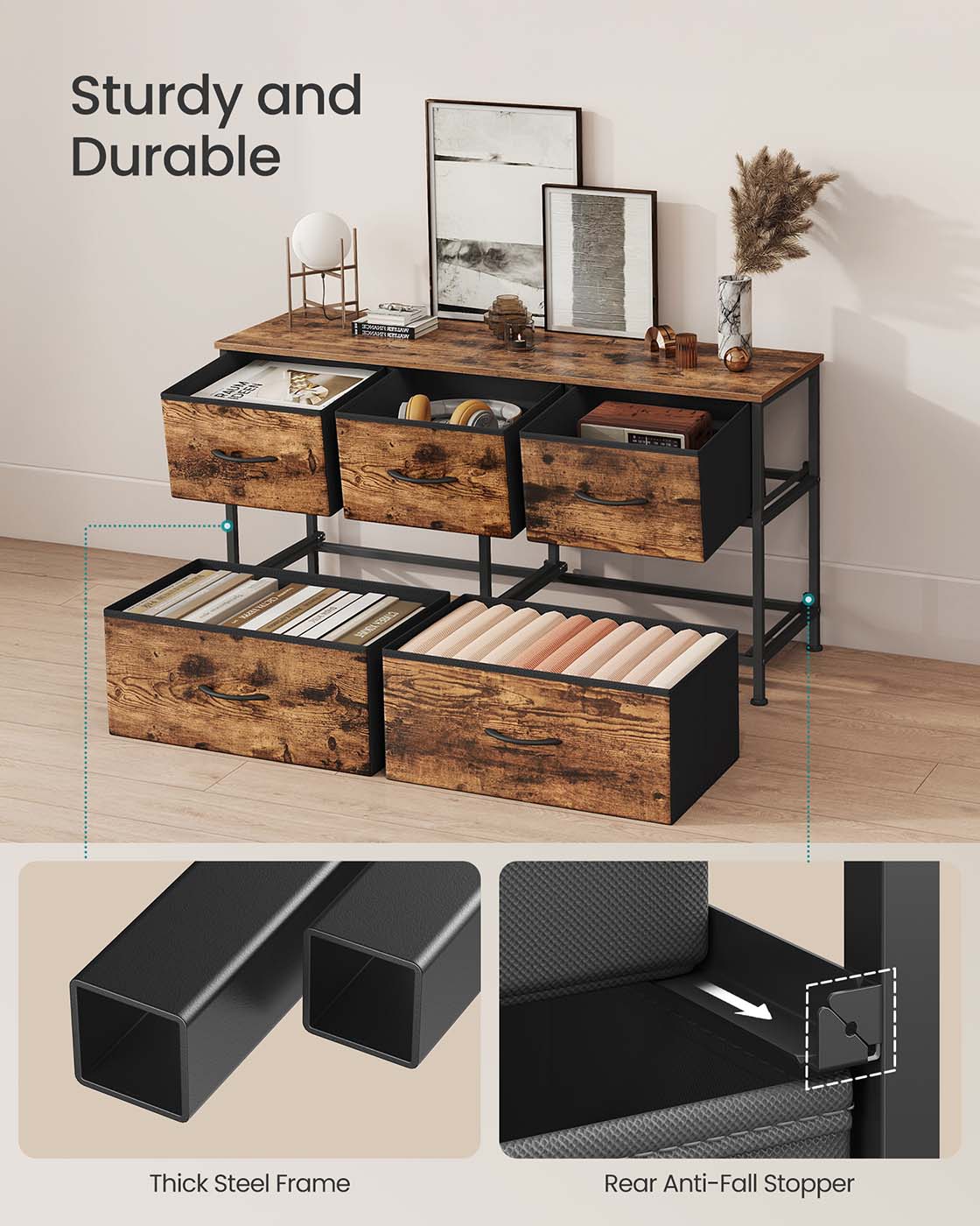 5-Drawer Chest - MDF - Rustic Brown - Versatile Fabric Storage Unit