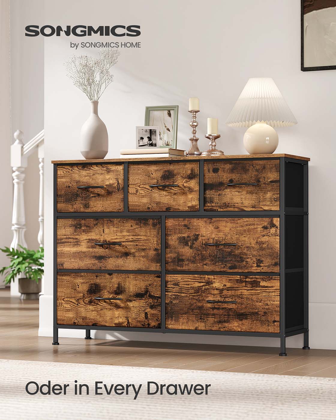 7-Drawer Chest - Steel - Rustic Brown - Versatile Fabric Storage Unit