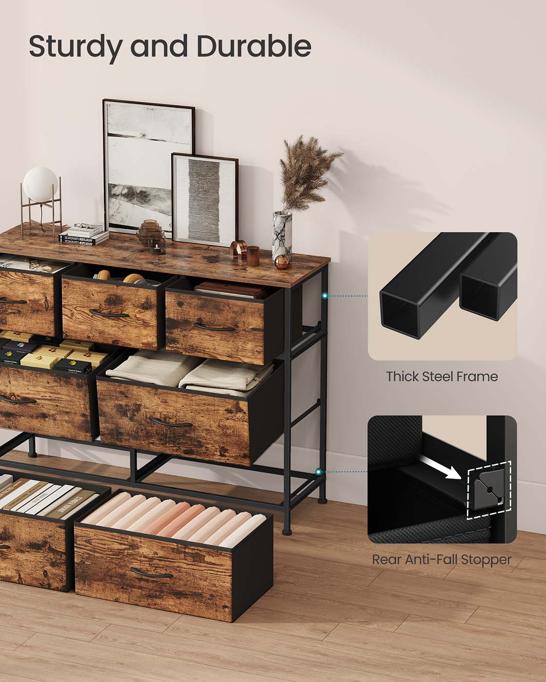 7-Drawer Chest - Steel - Rustic Brown - Versatile Fabric Storage Unit