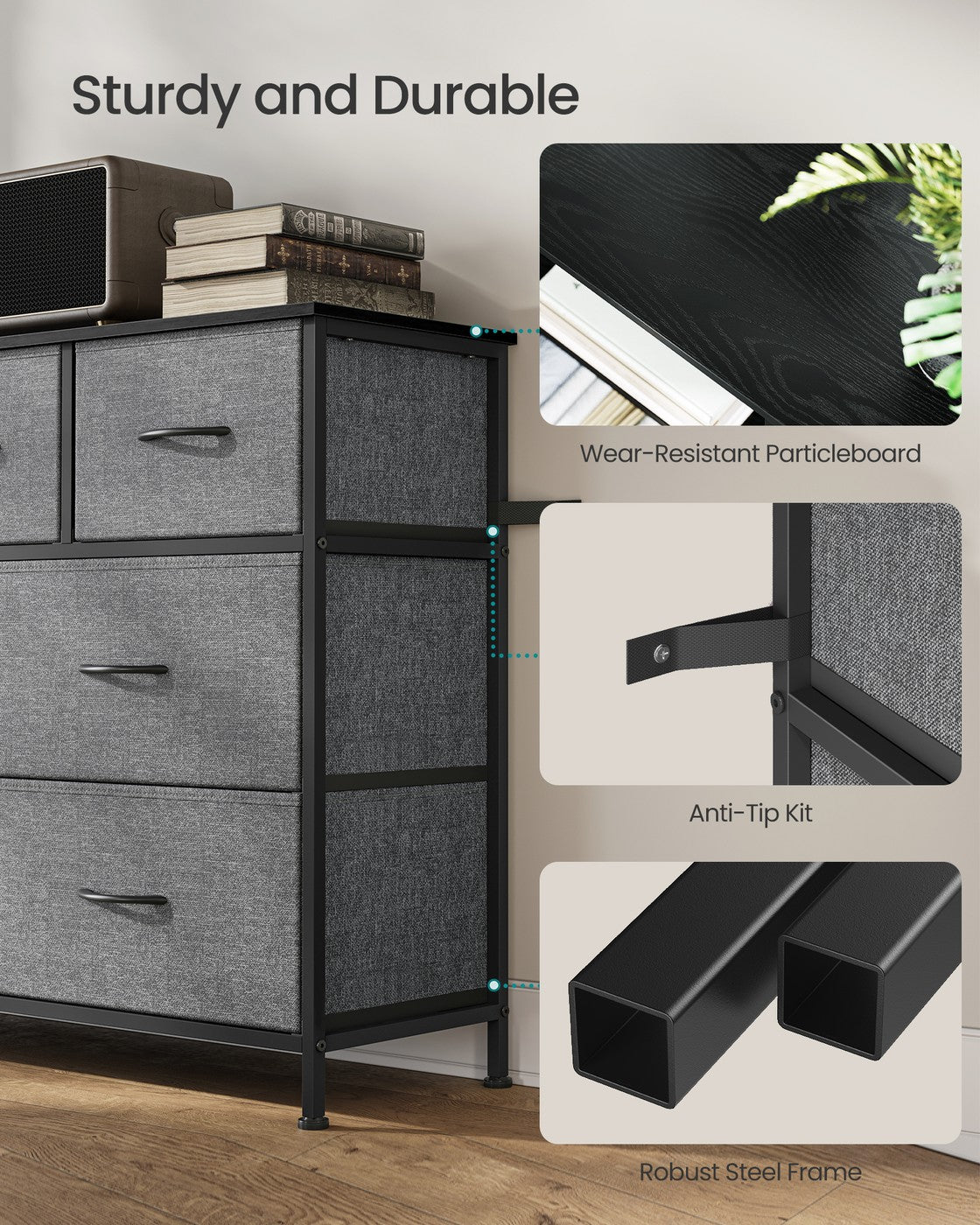 BELLAH Collection Chest of Drawers 7 Drawers - MDF and Wood - Slate Grey