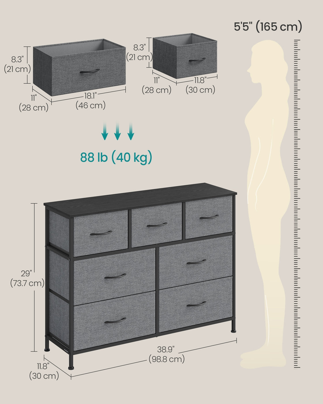 BELLAH Collection Chest of Drawers 7 Drawers - MDF and Wood - Slate Grey