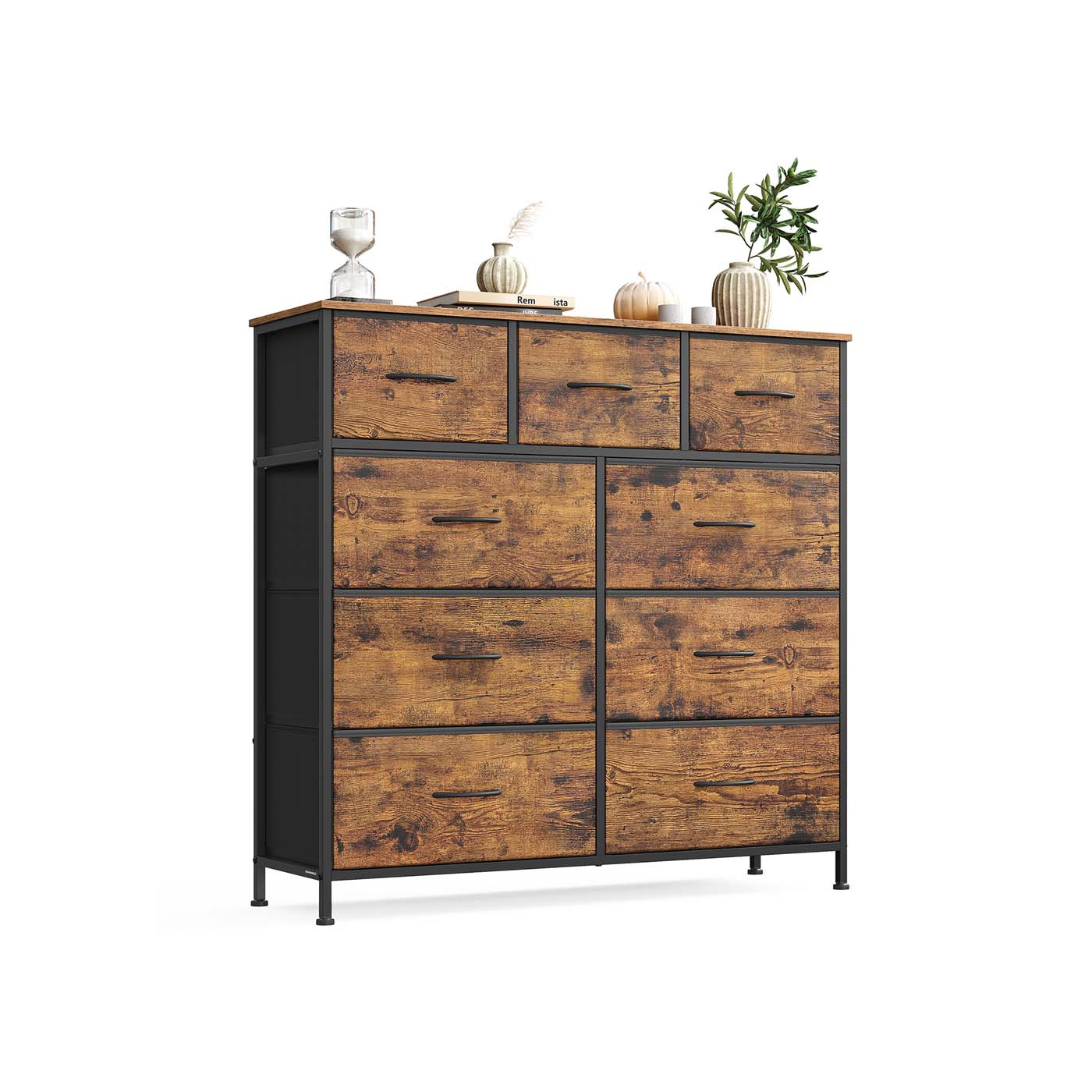 9-Drawer Chest - Steel - Rustic Brown - Versatile Fabric Storage Unit