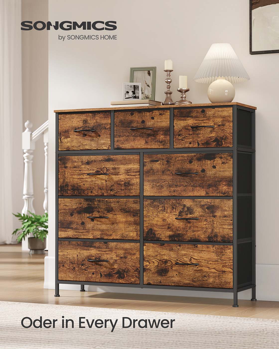 9-Drawer Chest - Steel - Rustic Brown - Versatile Fabric Storage Unit