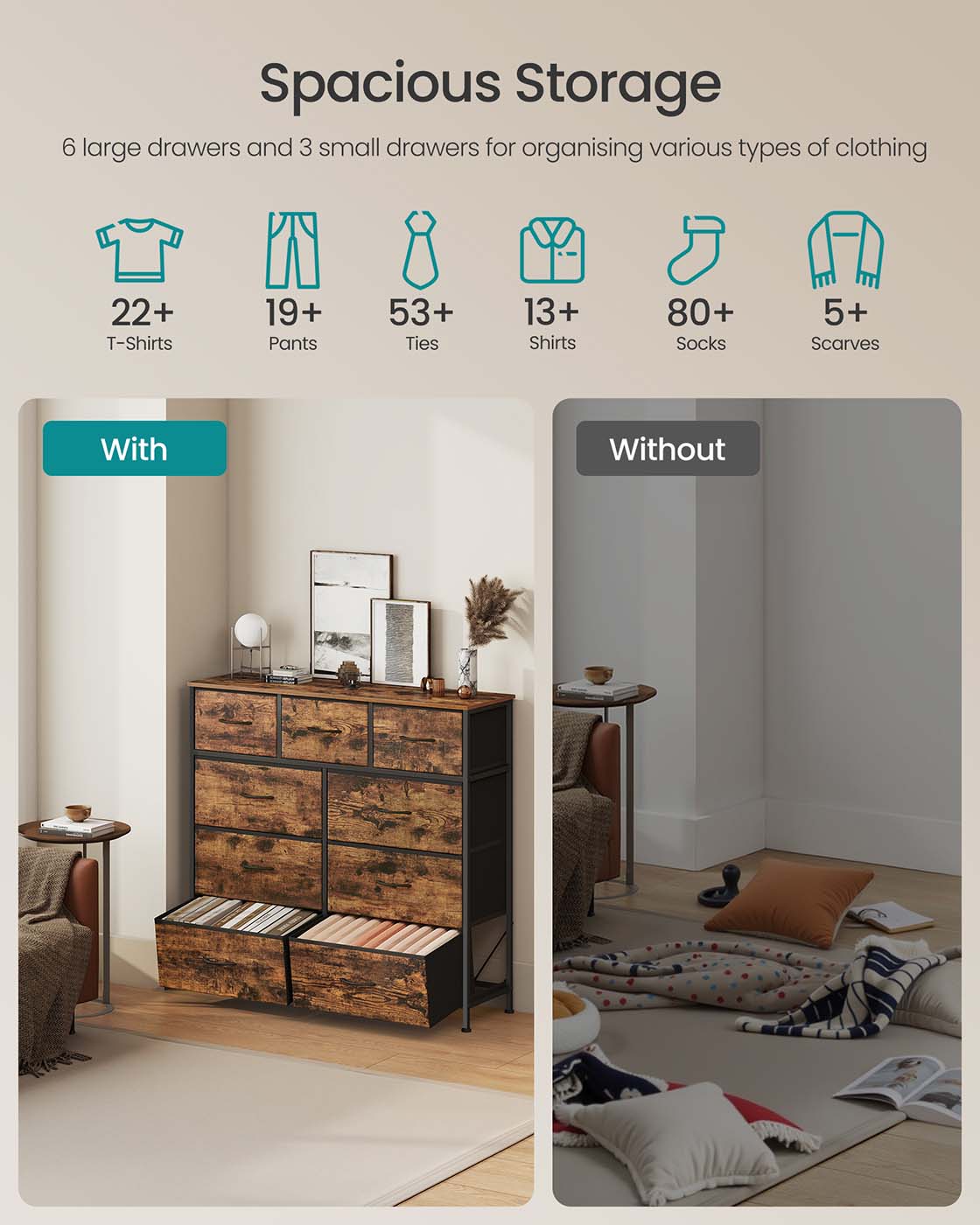 9-Drawer Chest - Steel - Rustic Brown - Versatile Fabric Storage Unit