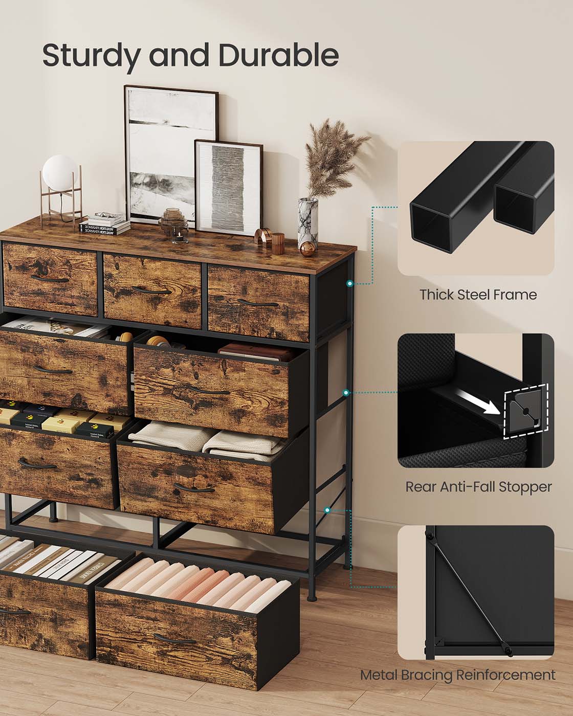 9-Drawer Chest - Steel - Rustic Brown - Versatile Fabric Storage Unit