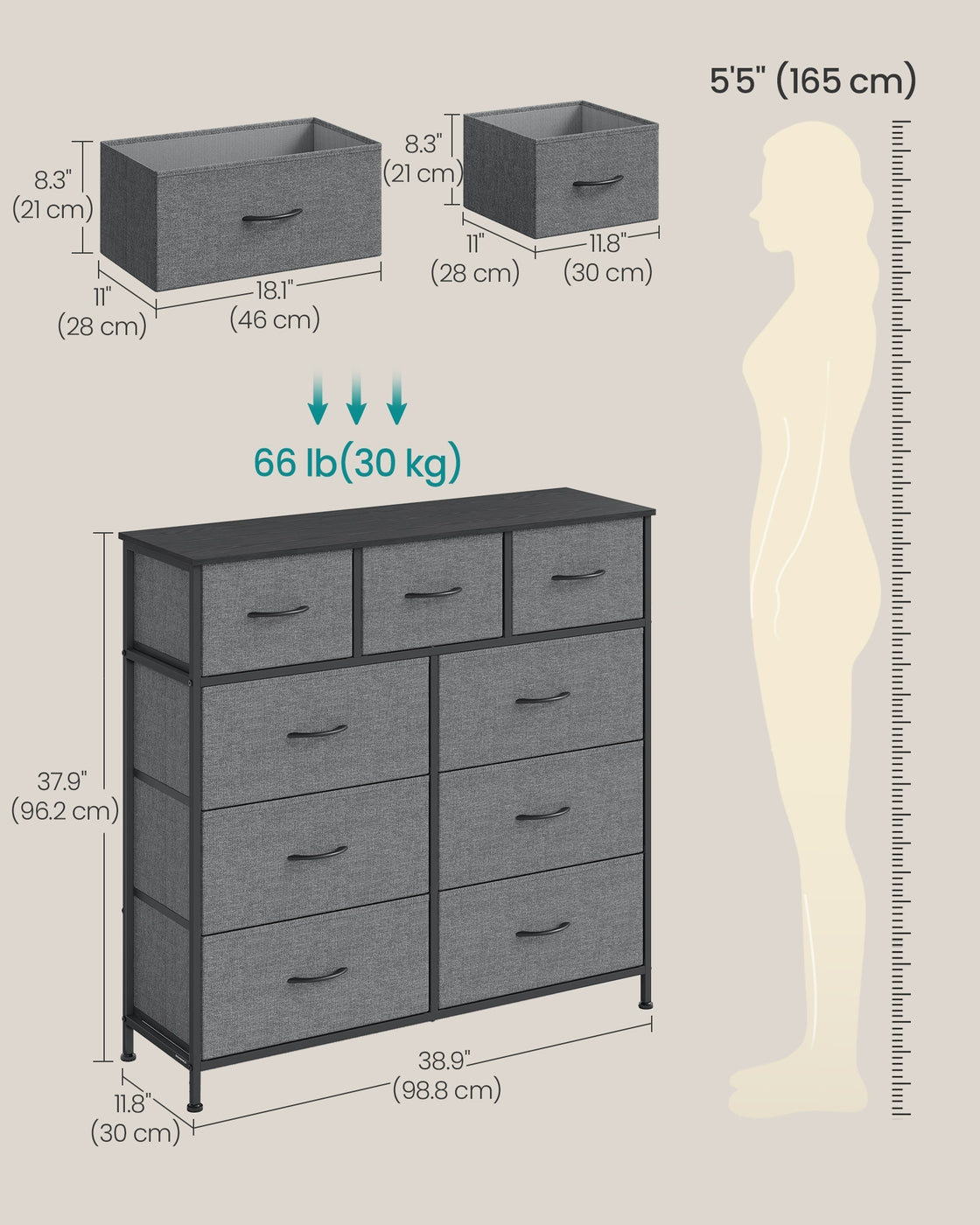 BELLAH Collection Chest of Drawers 9 Drawers Slate - MDF - Grey