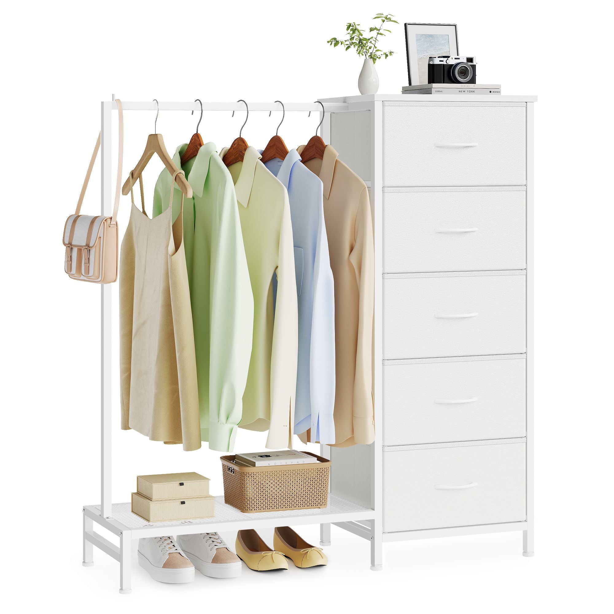Open Wardrobe - Steel with Fabric Drawers and LED Lights - Cloud White - 96.2 x 30 x 117.7 cm