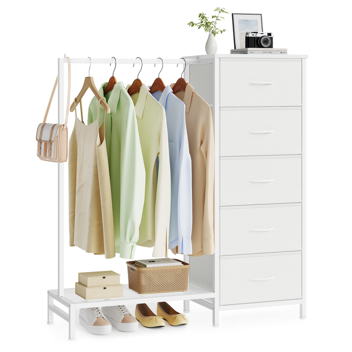 Open Wardrobe - Steel with Fabric Drawers and LED Lights - Cloud White - 96.2 x 30 x 117.7 cm